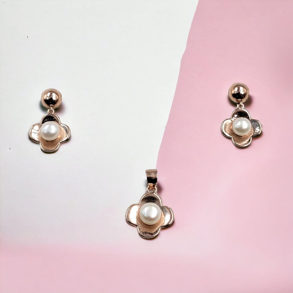 925 Sterling Silver Rose Gold Color with Pearl Flower Pretty Drop Earrings and Pendant Set Minimalist Handmade Gift
