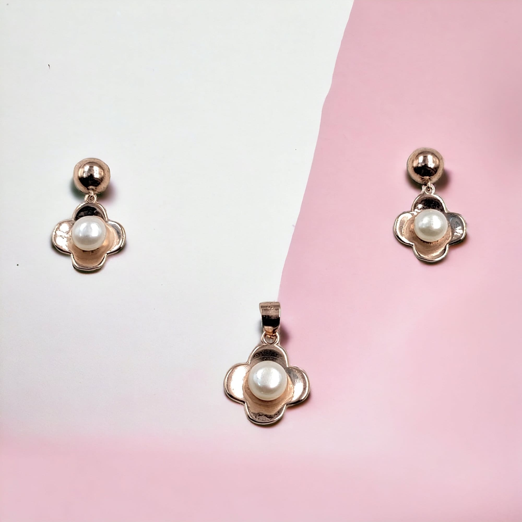 925 Sterling Silver Rose Gold Color with Pearl Flower Pretty Drop Earrings and Pendant Set Minimalist Handmade Gift