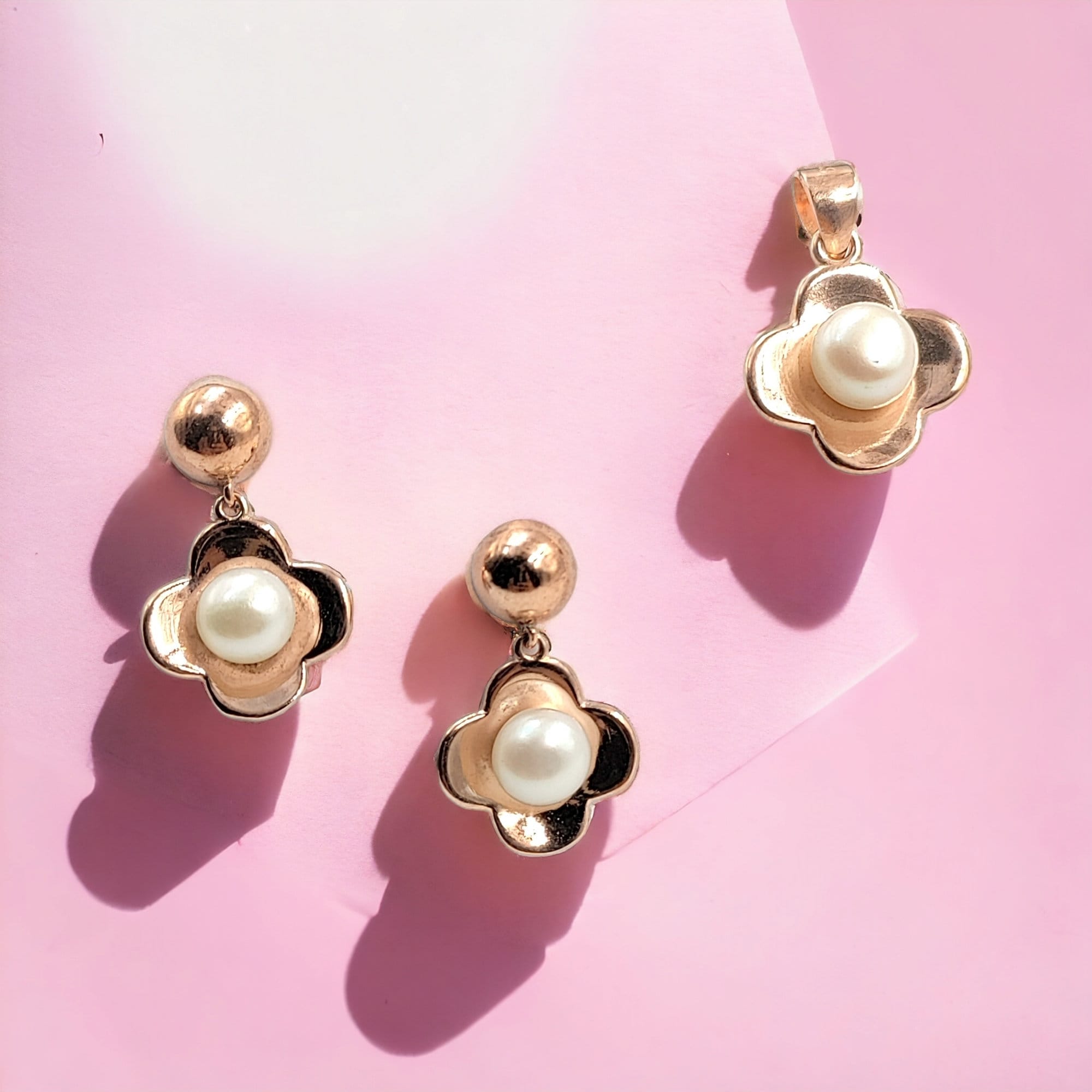 925 Sterling Silver Rose Gold Color with Pearl Flower Pretty Drop Earrings and Pendant Set Minimalist Handmade Gift