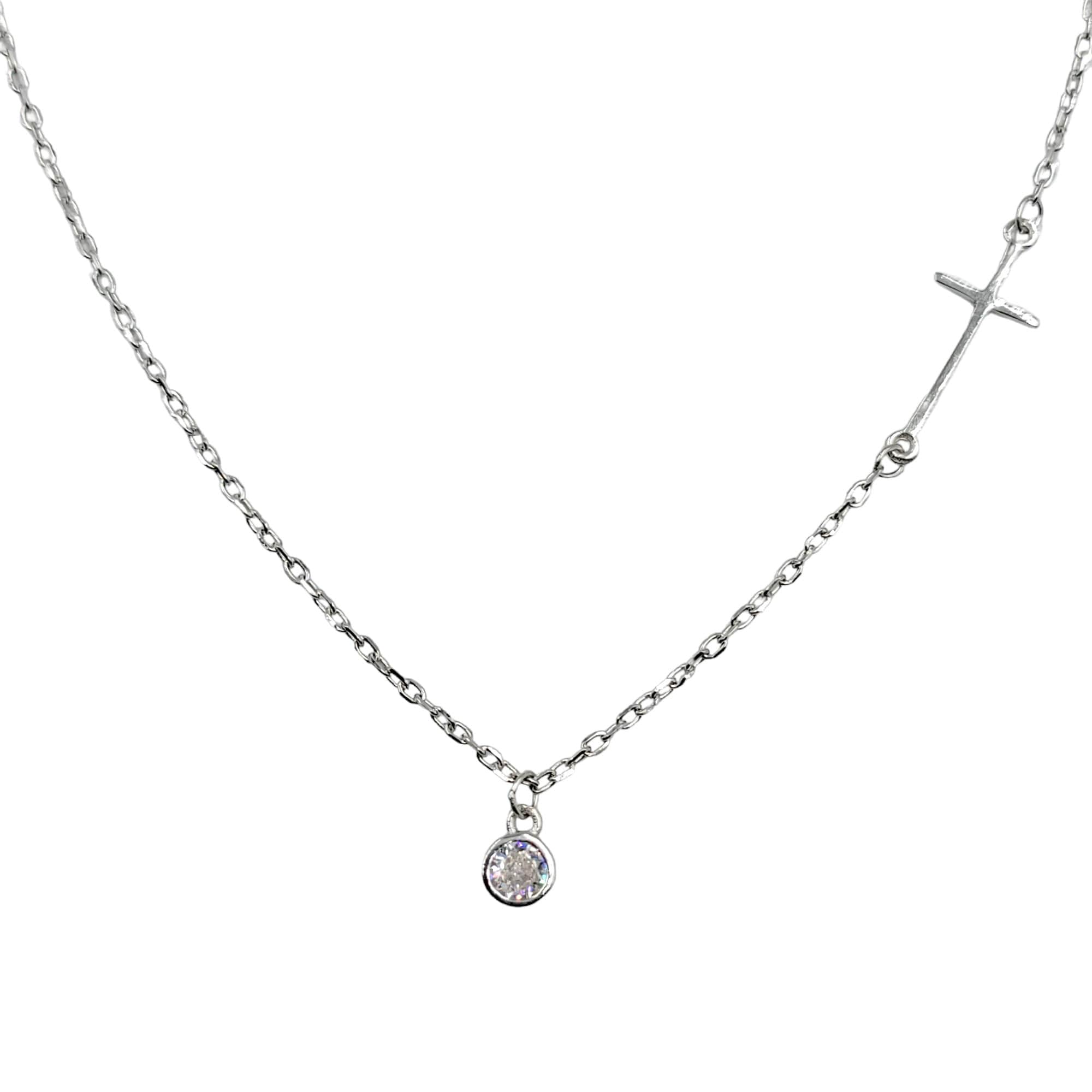 925 Sterling Silver Pave Set Solitaire Necklace Pendant set with Cross on Side Delicate Minimalist Handmade Gift