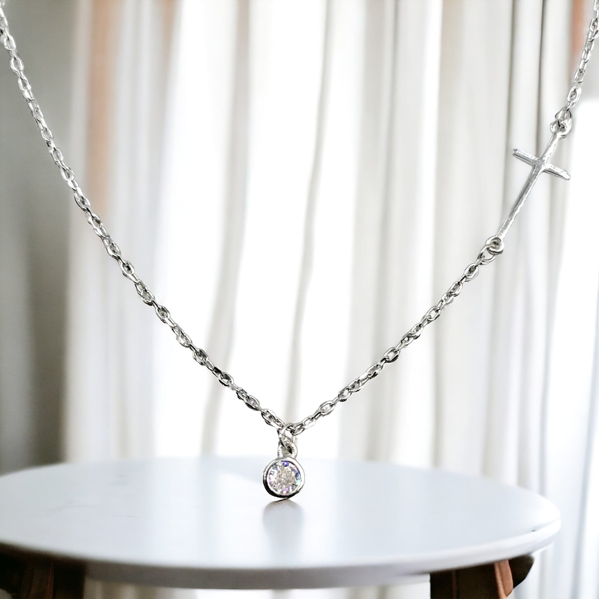 925 Sterling Silver Pave Set Solitaire Necklace Pendant set with Cross on Side Delicate Minimalist Handmade Gift