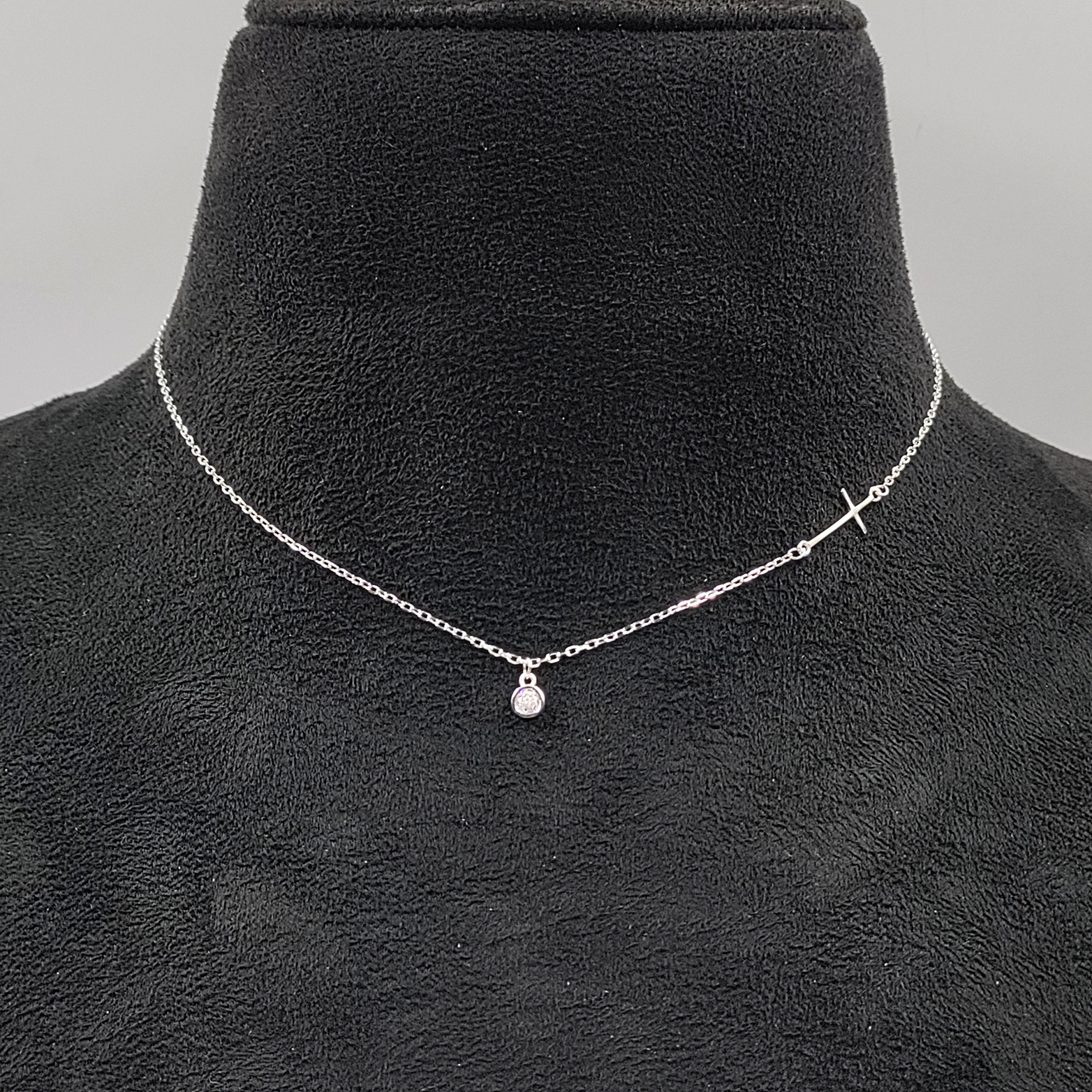 925 Sterling Silver Pave Set Solitaire Necklace Pendant set with Cross on Side Delicate Minimalist Handmade Gift