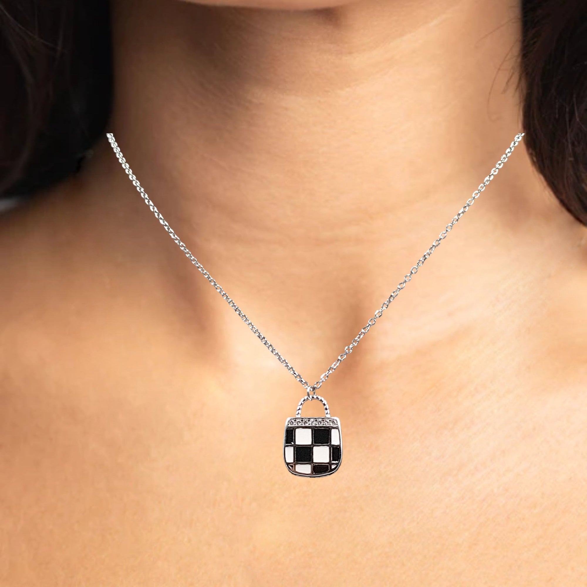 925 Sterling Silver Enameled Lock Design With CZ Outline Necklace Gift Black&White Checks