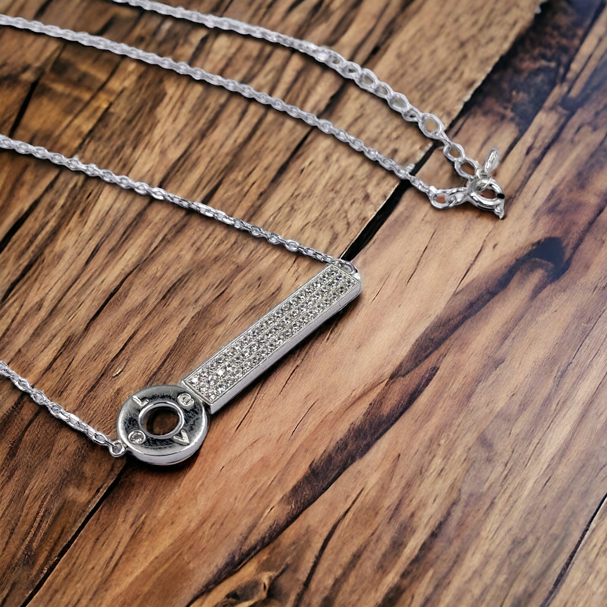 Key Bar with Love Written Necklace 925 Sterling Silver CZ Pendant set Stylish Minimalist Handmade Gift for lover ,boyfriend,Girlfriend