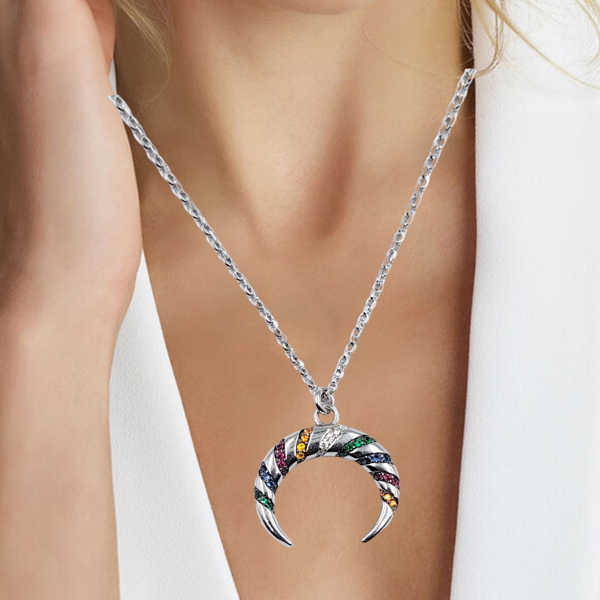 Multi-color Spiral Cubic Zirconia Semi Circle 925 Sterling Silver Moon Pendant Beautiful Adjustable Necklace set Minimalist Handmade Gift