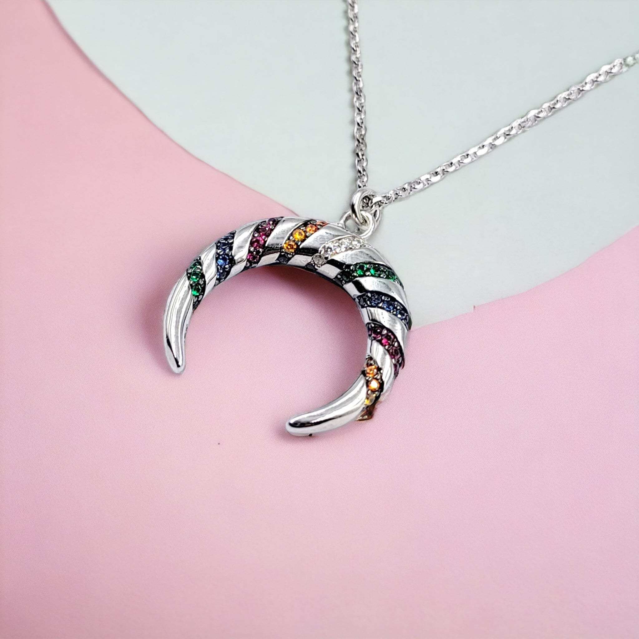 Multi-color Spiral Cubic Zirconia Semi Circle 925 Sterling Silver Moon Pendant Beautiful Adjustable Necklace set Minimalist Handmade Gift