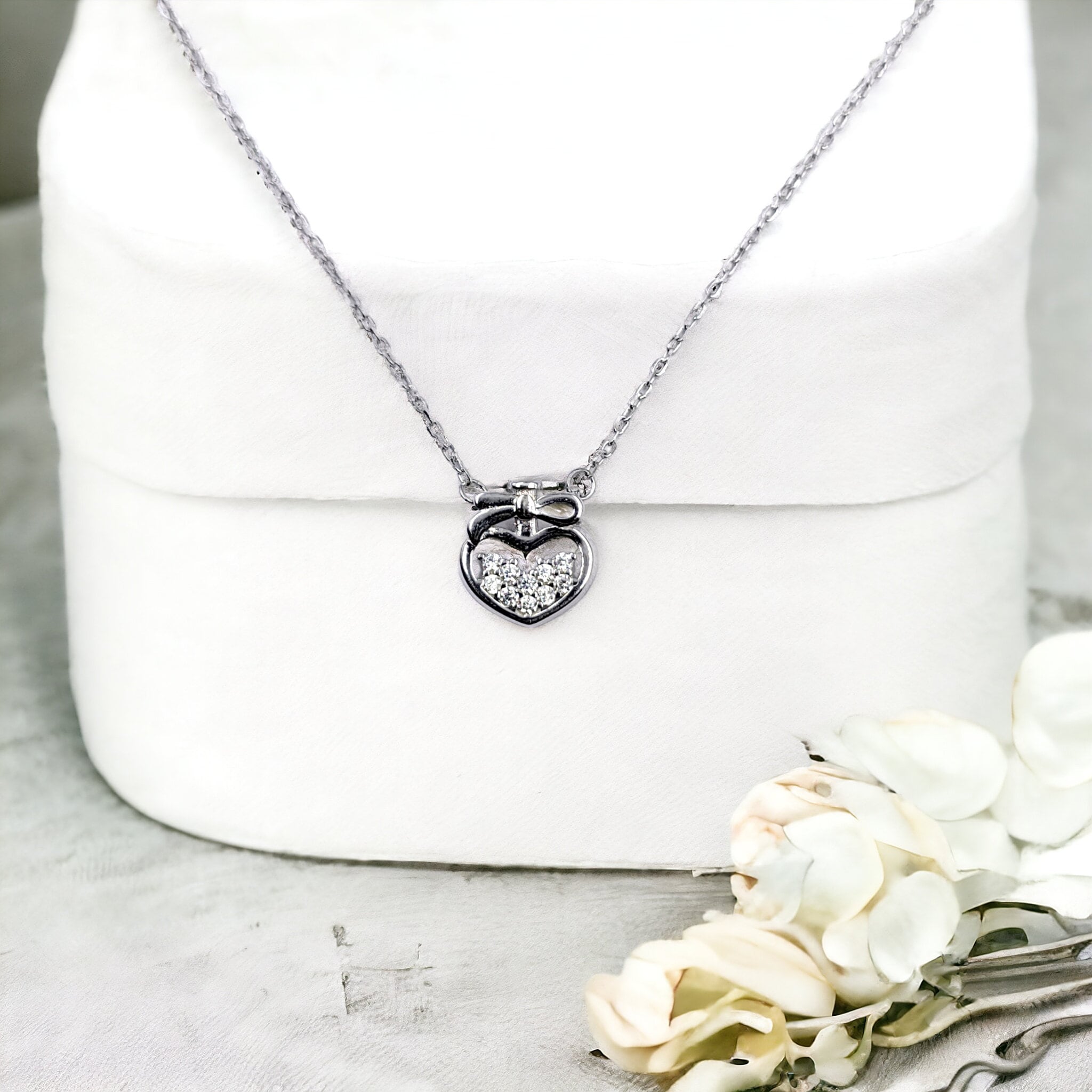 925 Sterling Silver Heart With Bow Pendant Cubic Zirconia Necklace set Lovely Minimalist Handmade Gift for lover,Girlfriend,Wife