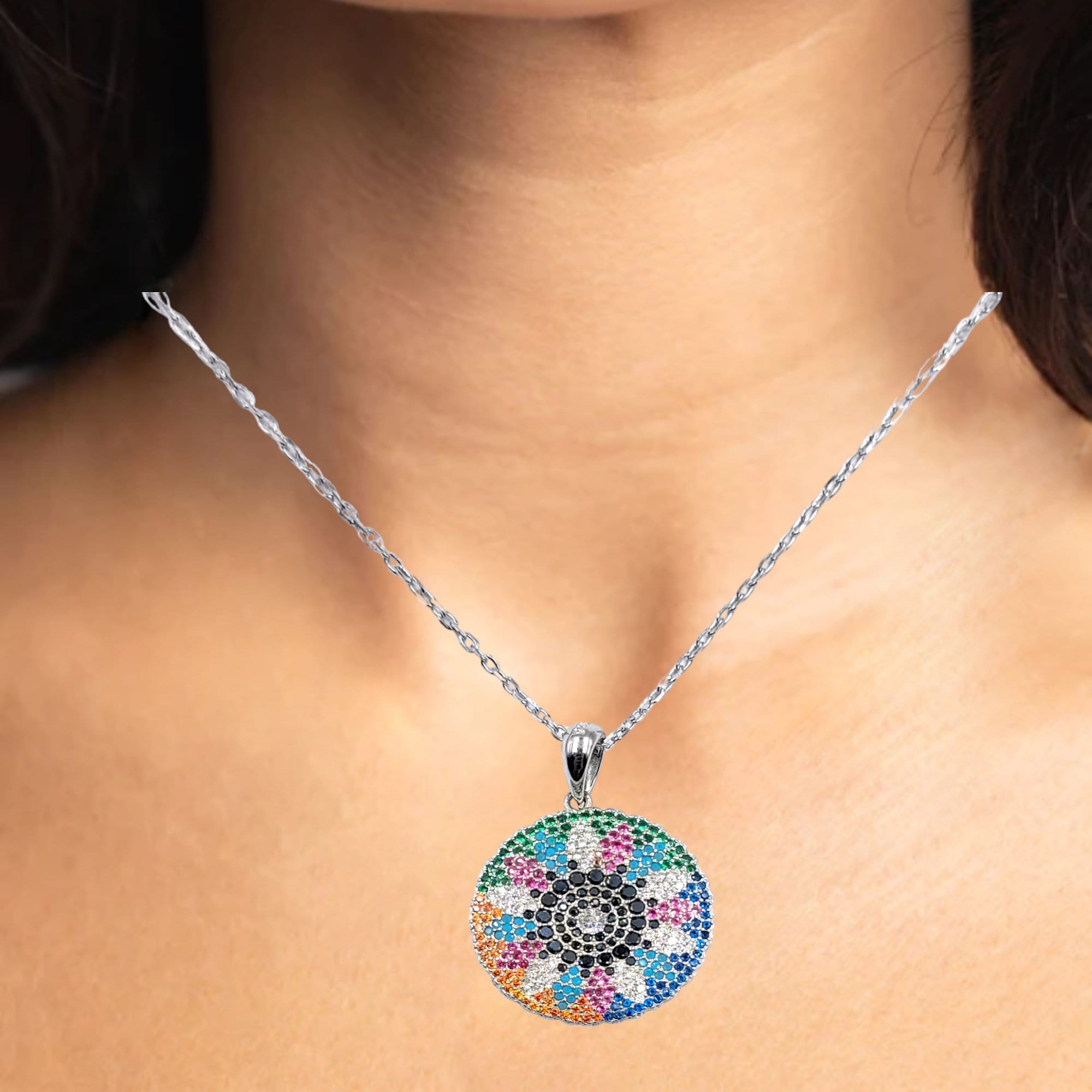 925 Sterling Silver Multi color Cubic Zirconia in Big Round Pendant Beautiful Necklace set Minimalist Handmade Gift for her