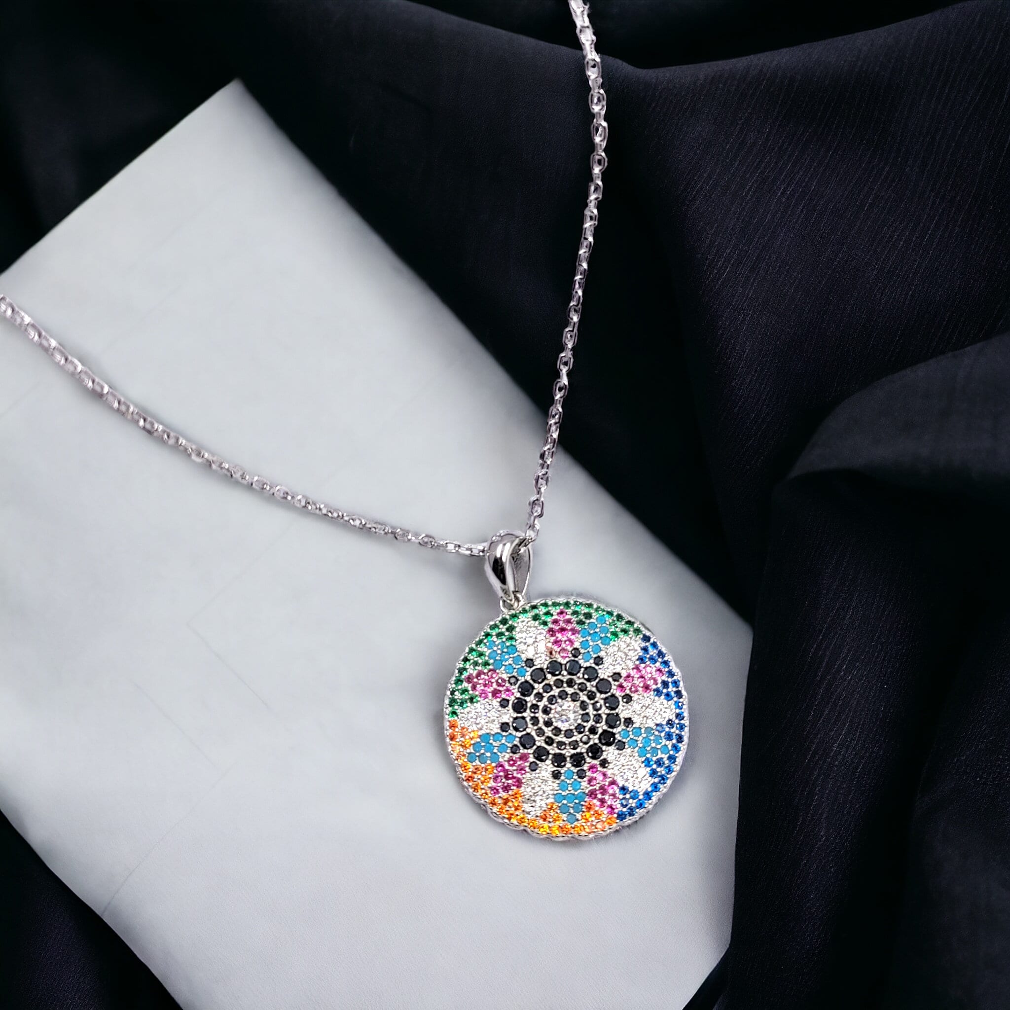 925 Sterling Silver Multi color Cubic Zirconia in Big Round Pendant Beautiful Necklace set Minimalist Handmade Gift for her