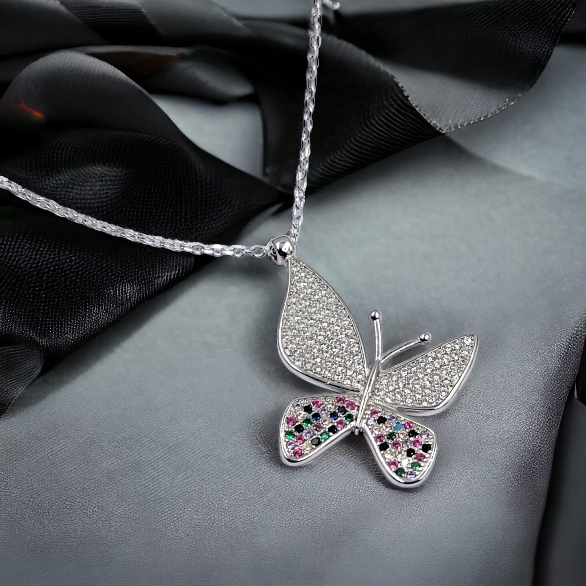 Multicolor CZ Beautifull Large Cross Butterfly Pendant Amazing Necklace Stylish Minimalist Handmade Gift 925 Sterling Silver