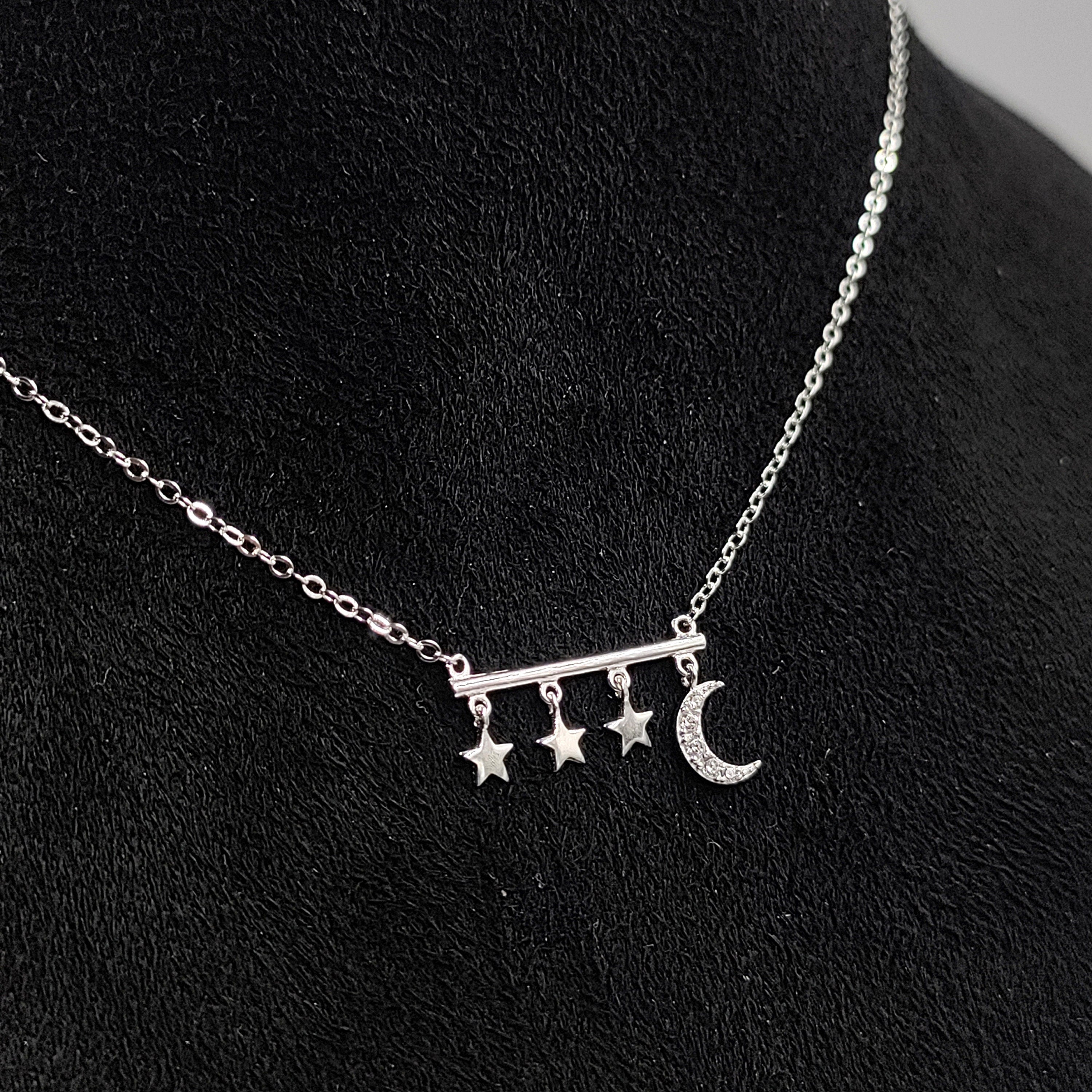 925 Sterling Silver Stars and Crescent Moon Shaped Cubic Zirconia Bar Pendant Necklace Minimalist Handmade Gift for her