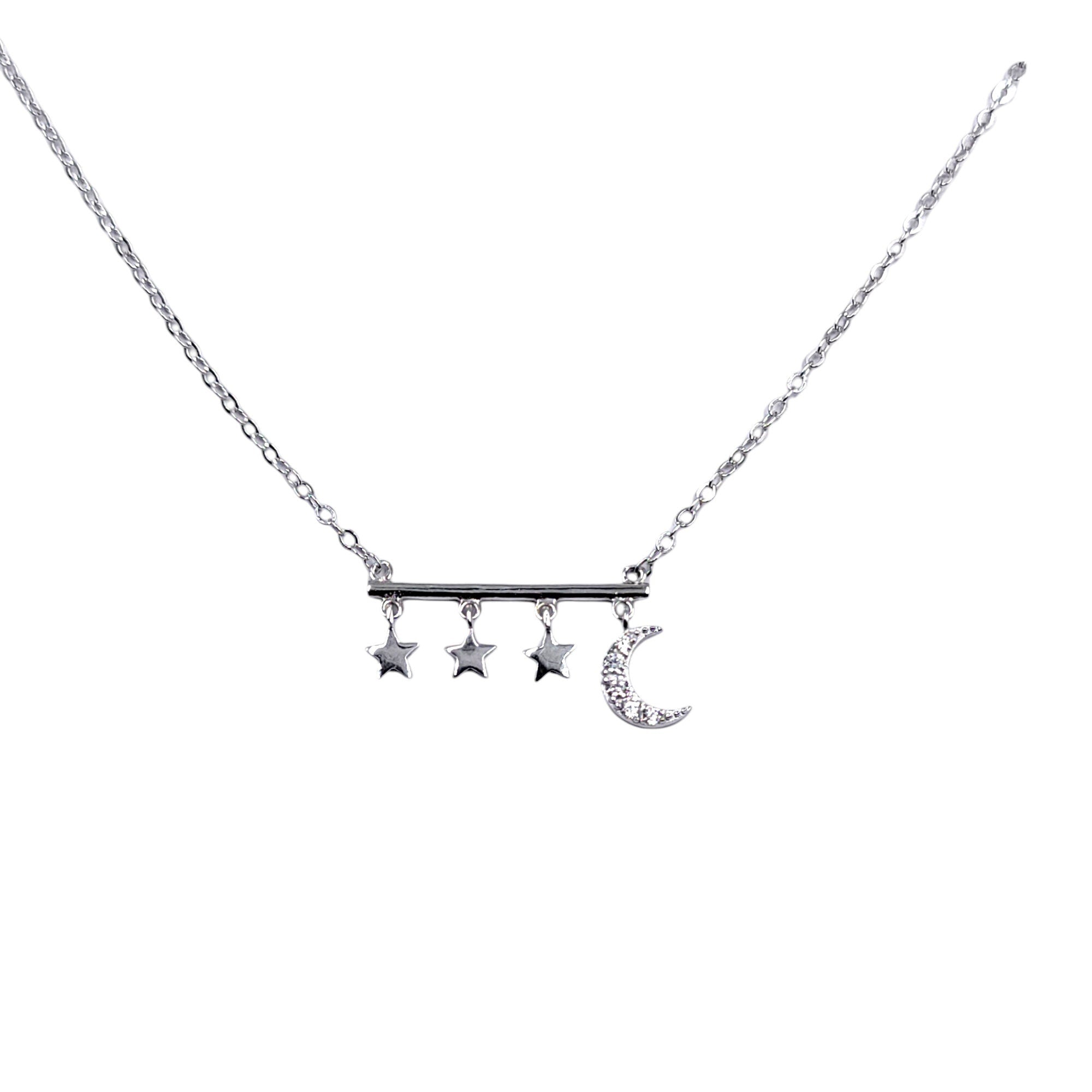 925 Sterling Silver Stars and Crescent Moon Shaped Cubic Zirconia Bar Pendant Necklace Minimalist Handmade Gift for her