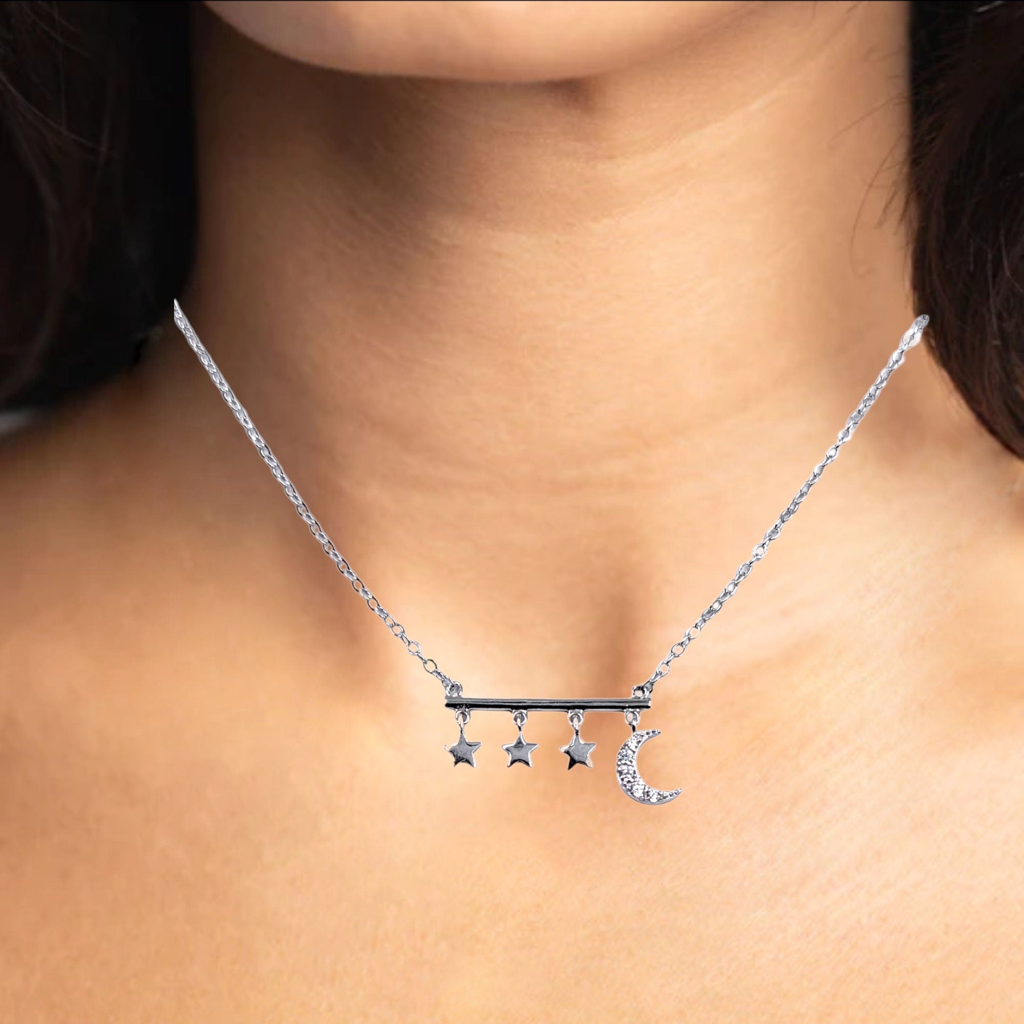 925 Sterling Silver Stars and Crescent Moon Shaped Cubic Zirconia Bar Pendant Necklace Minimalist Handmade Gift for her