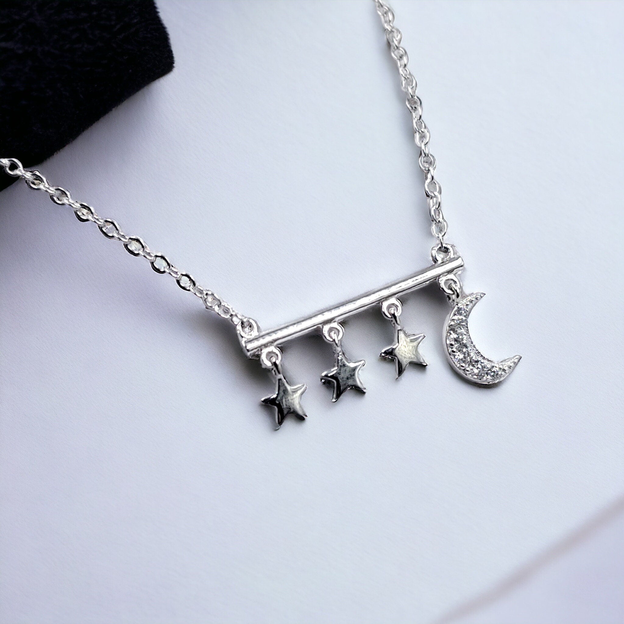 925 Sterling Silver Stars and Crescent Moon Shaped Cubic Zirconia Bar Pendant Necklace Minimalist Handmade Gift for her