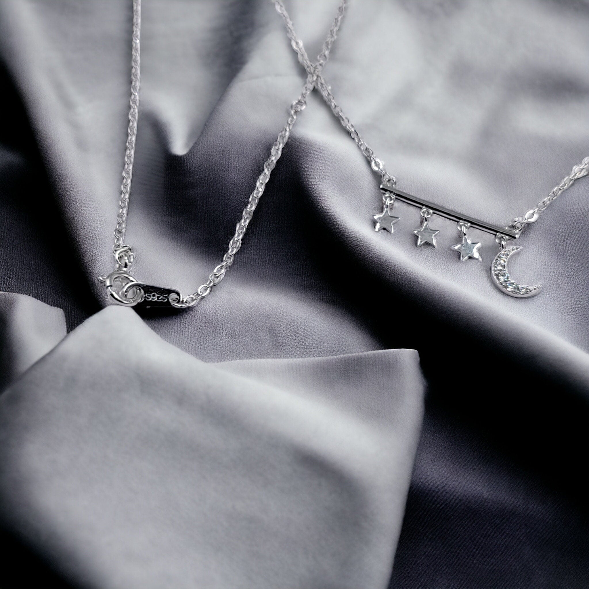 925 Sterling Silver Stars and Crescent Moon Shaped Cubic Zirconia Bar Pendant Necklace Minimalist Handmade Gift for her