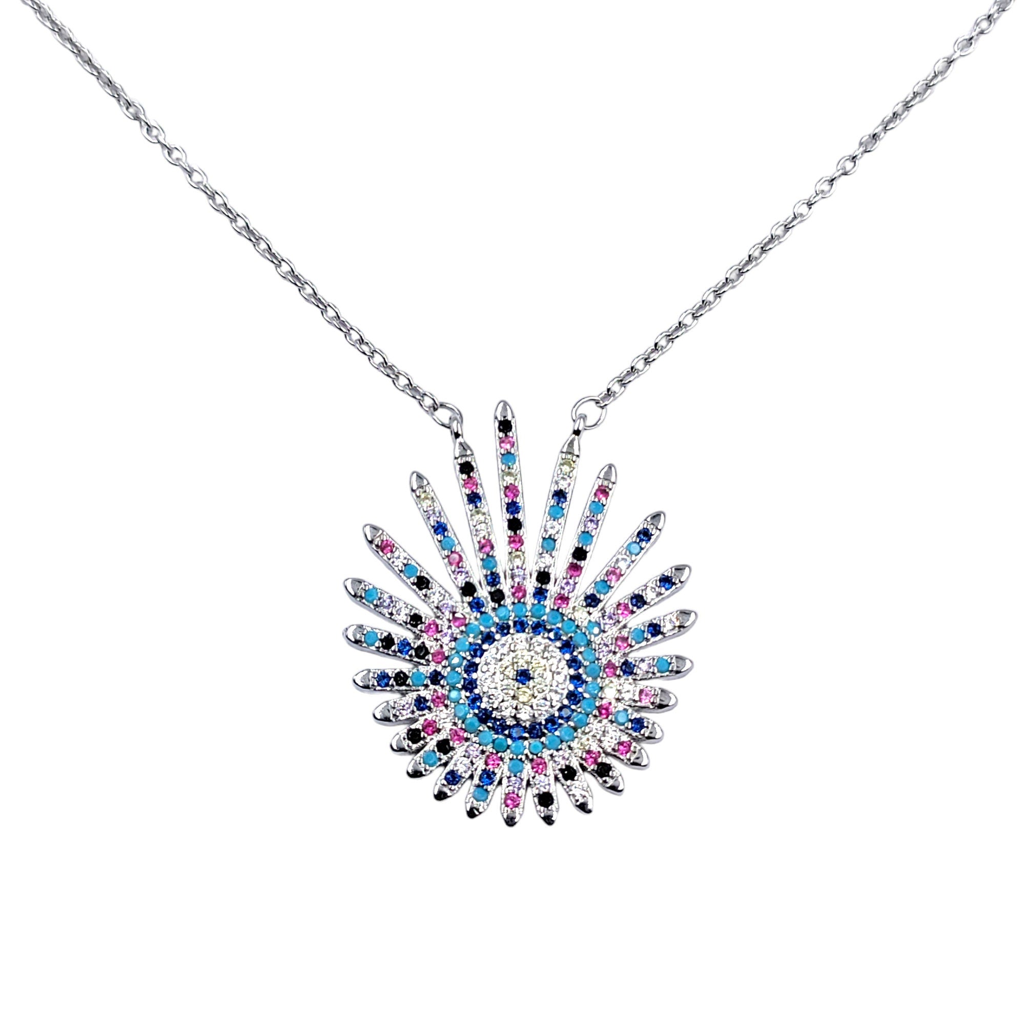 Good Luck Gift 925 Sterling Silver CZ Sun Shaped Blue Silver Evil Eye Necklace Pendant Chain Women Minimalist Handmade Gift for Protection