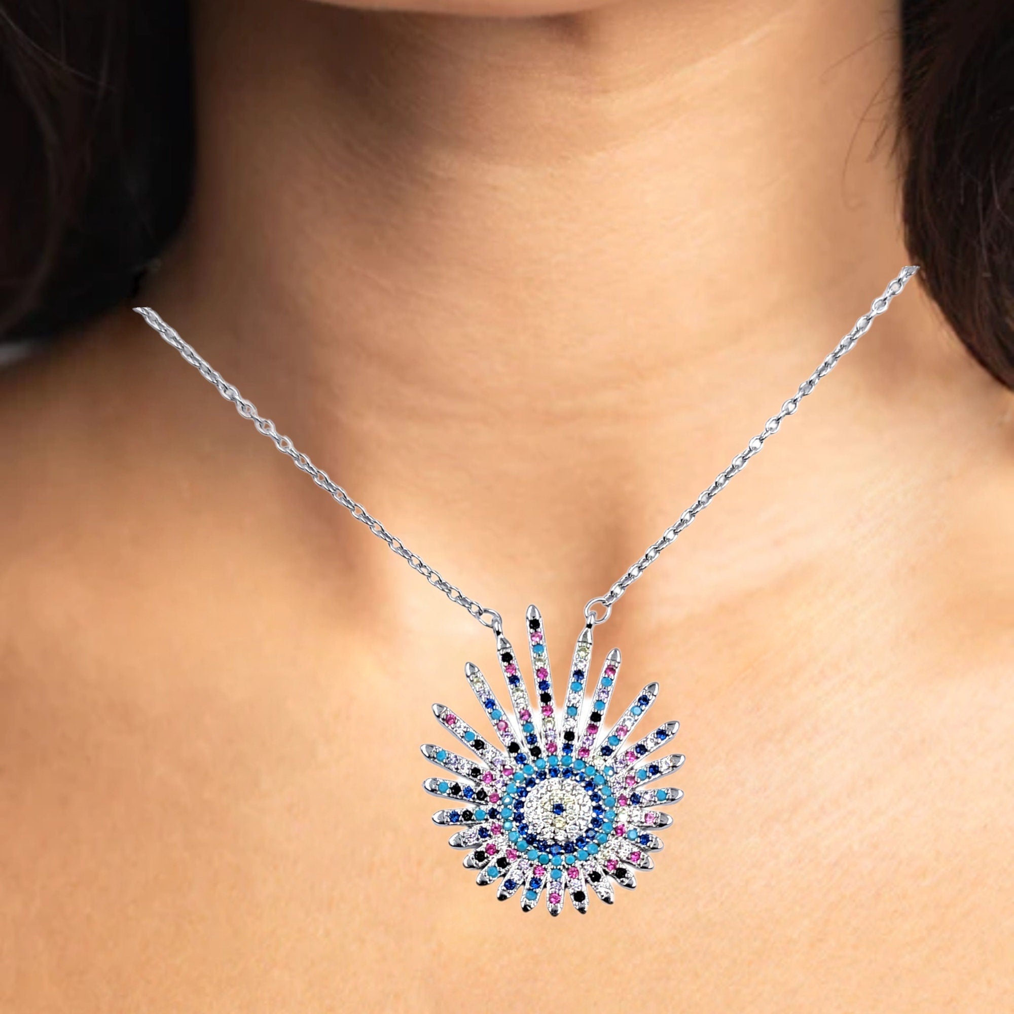 Good Luck Gift 925 Sterling Silver CZ Sun Shaped Blue Silver Evil Eye Necklace Pendant Chain Women Minimalist Handmade Gift for Protection