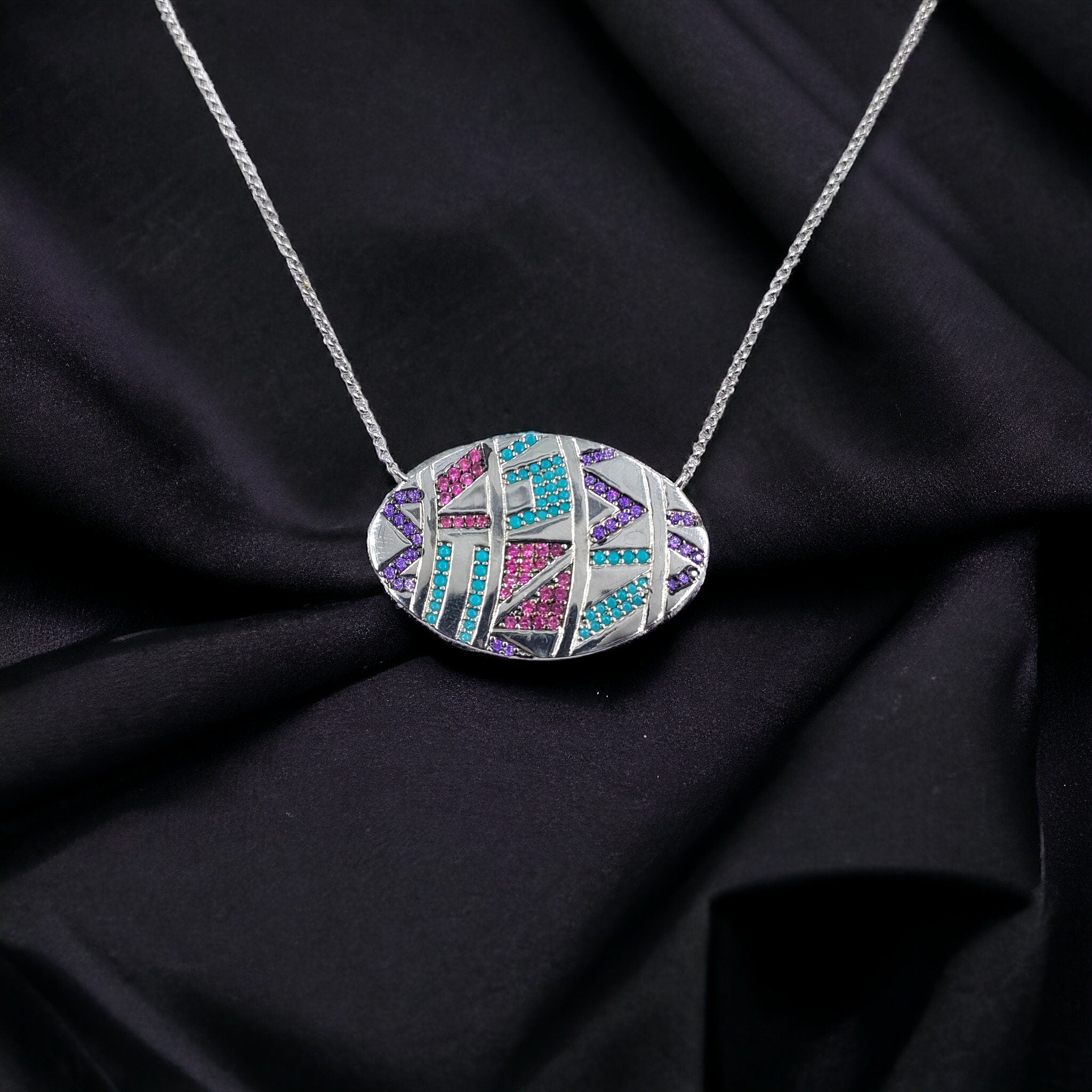 925 Sterling Silver Multi color Zig zag Cubic Zirconia Big Pendant Beautiful Adjustable Necklace set Minimalist Handmade Gift for her