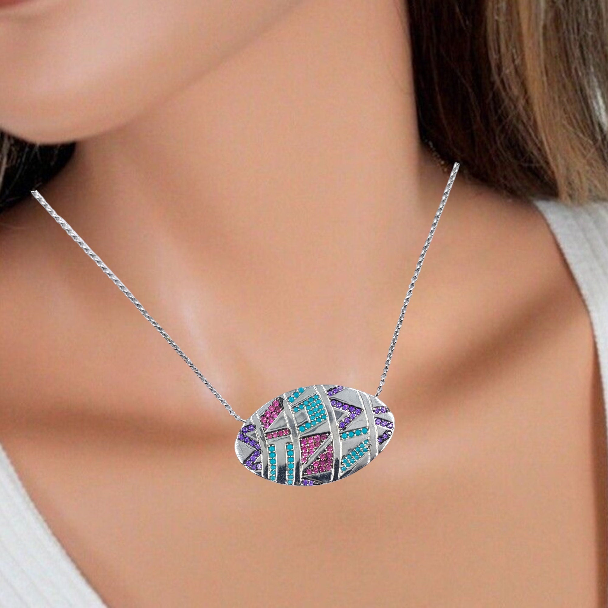 925 Sterling Silver Multi color Zig zag Cubic Zirconia Big Pendant Beautiful Adjustable Necklace set Minimalist Handmade Gift for her