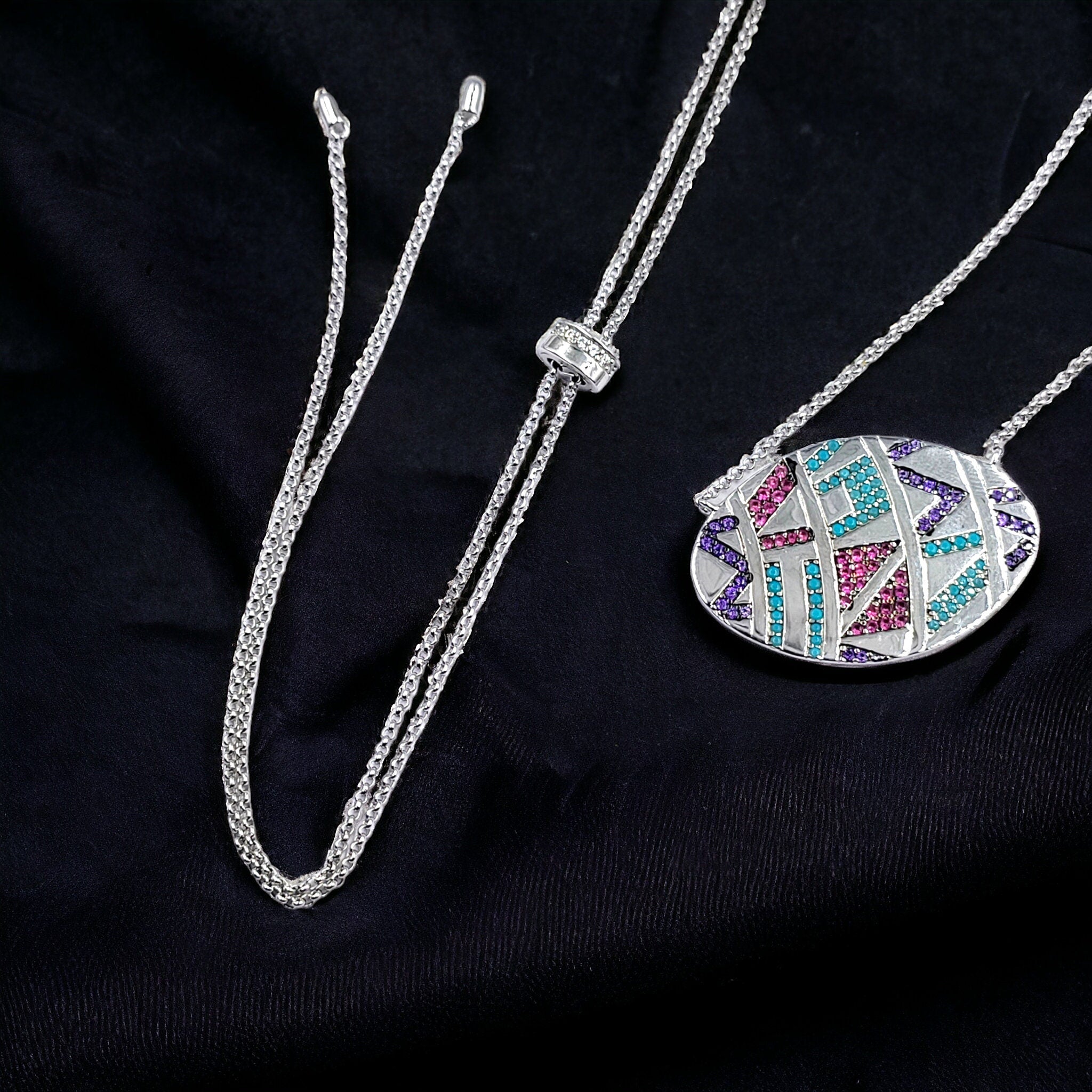 925 Sterling Silver Multi color Zig zag Cubic Zirconia Big Pendant Beautiful Adjustable Necklace set Minimalist Handmade Gift for her