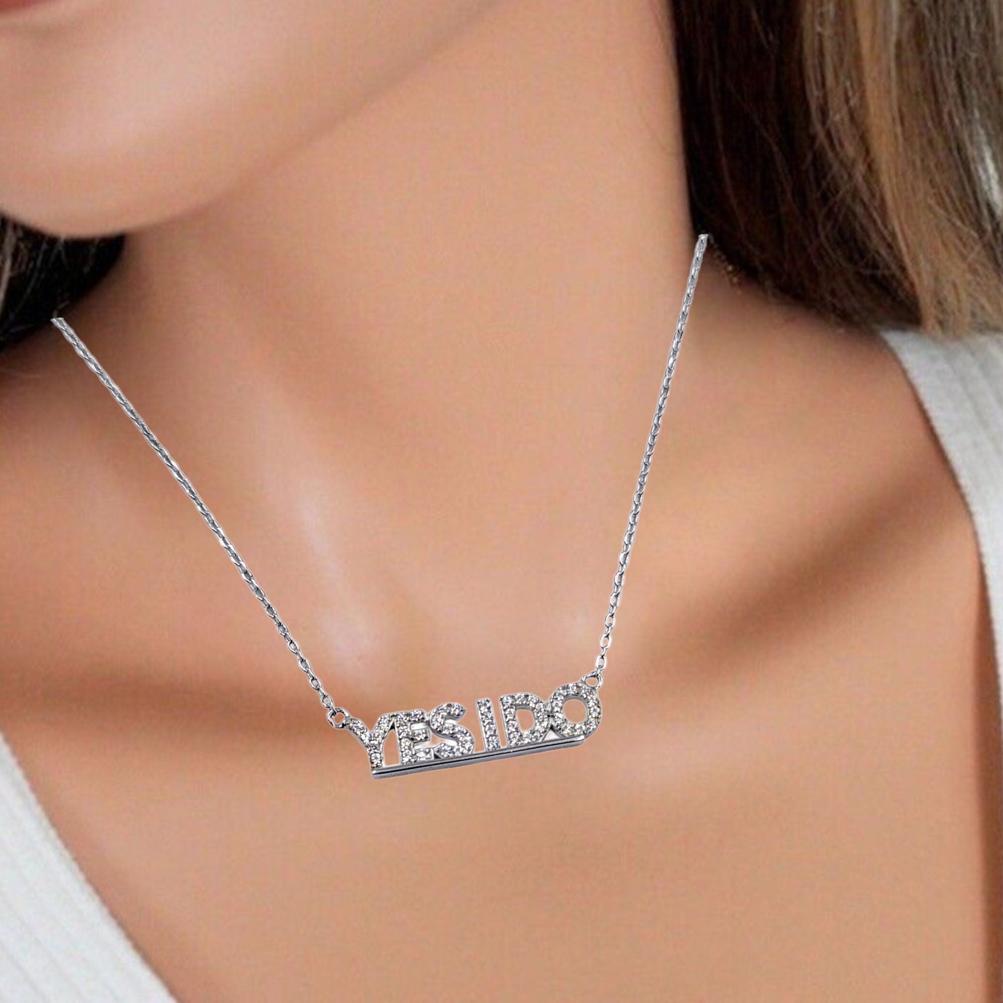 925 Sterling Silver Cubic Zirconia "Yes I Do" Written Necklace Pendant Beautiful Minimalist Handmade lover Proposal Reply Gift