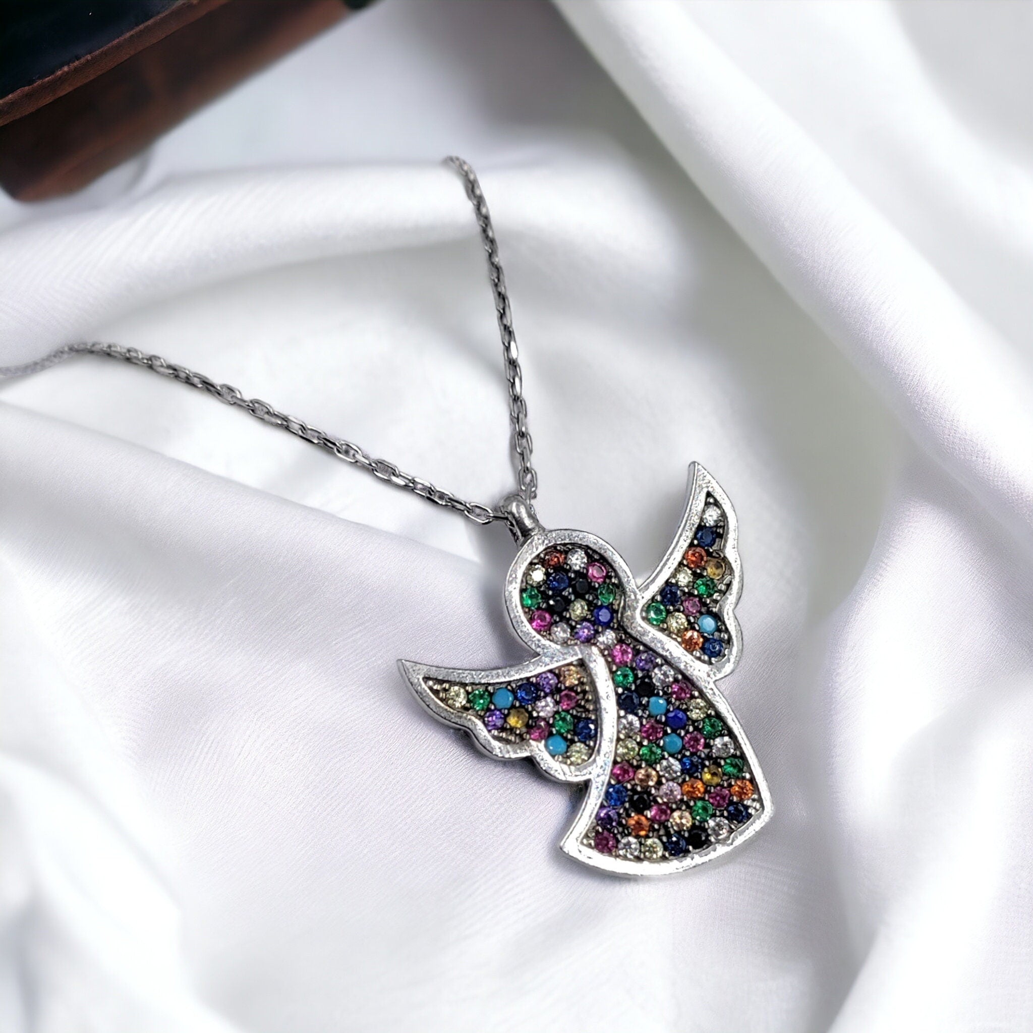 Mystic Angel Double Sided Wearable Enamel and CZ Necklace 925 Sterling Silver Lovely Minimalist Handmade Gift for Girlfriend