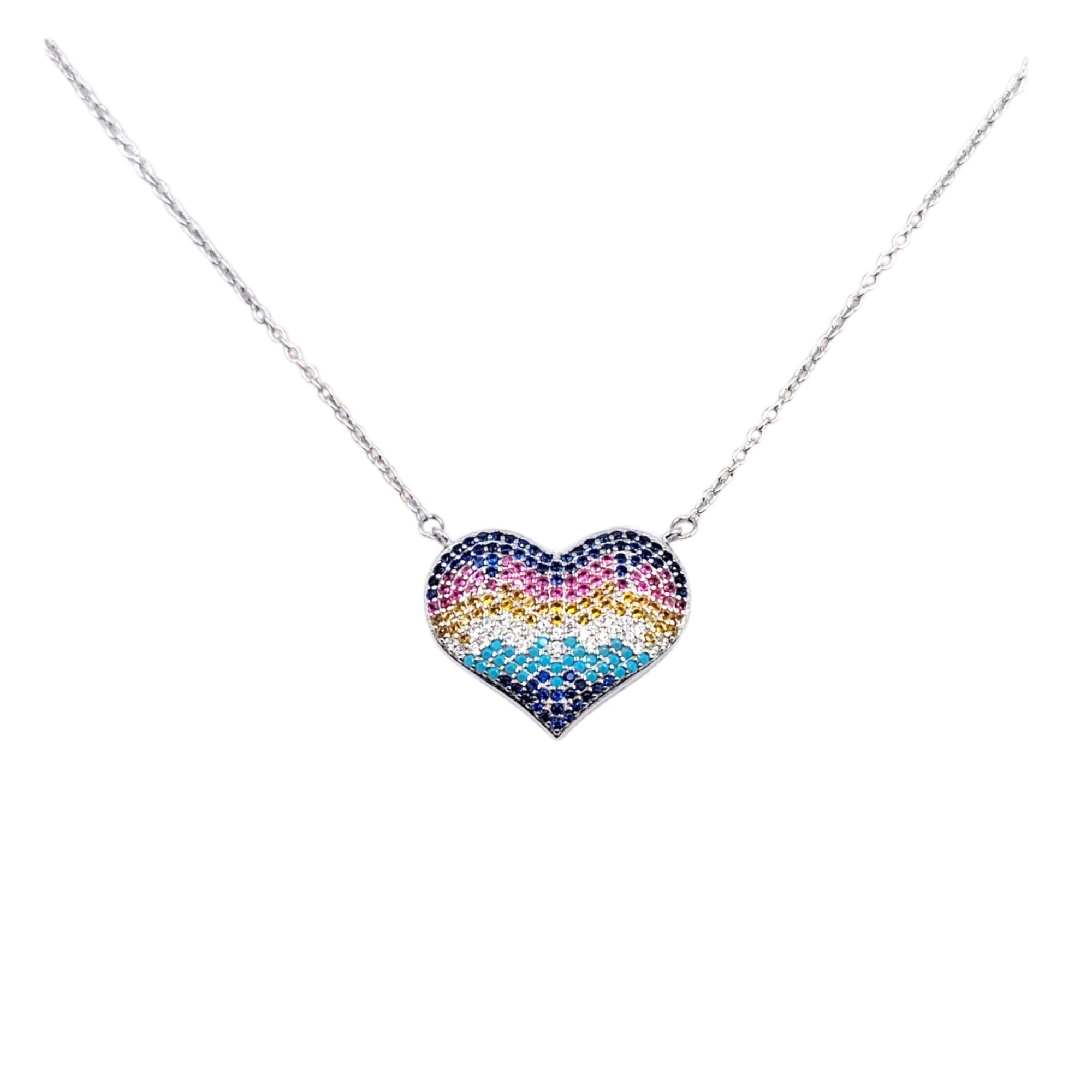 Multicolor Cubic Zirconia Big Heart Pendant Unisex 925 Solid Silver Necklace Minimalist Handmade Gift for lover,Girlfriend,Wife