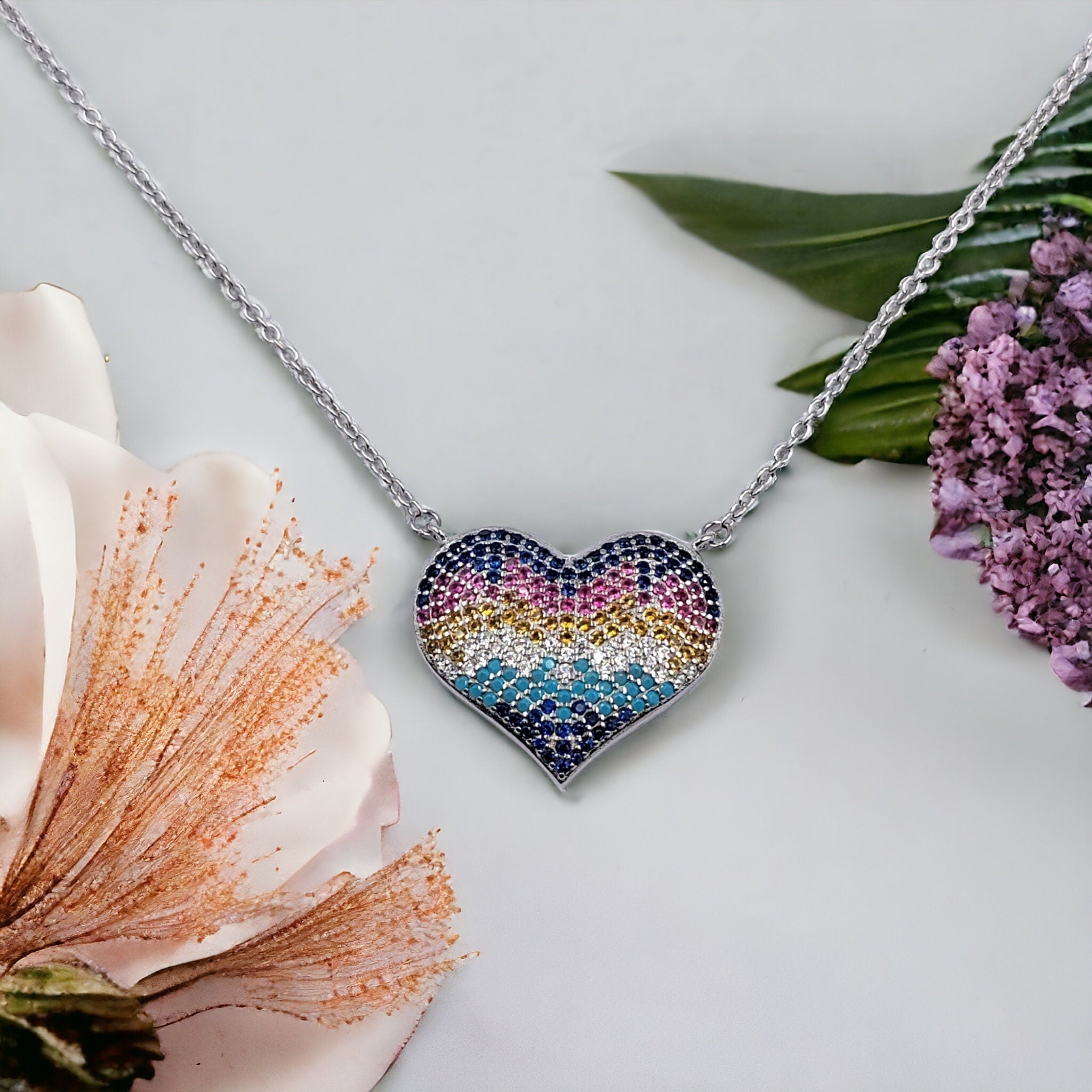 Multicolor Cubic Zirconia Big Heart Pendant Unisex 925 Solid Silver Necklace Minimalist Handmade Gift for lover,Girlfriend,Wife