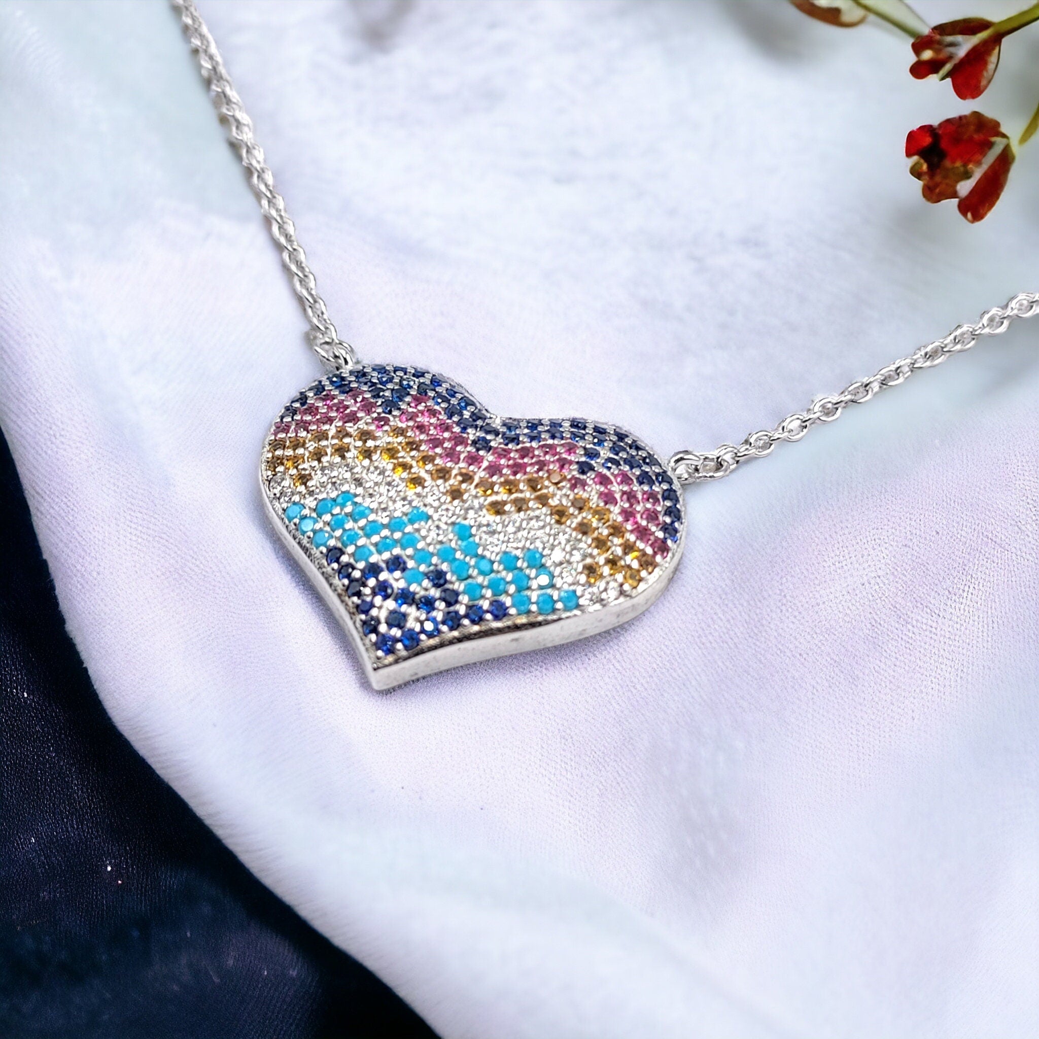 Multicolor Cubic Zirconia Big Heart Pendant Unisex 925 Solid Silver Necklace Minimalist Handmade Gift for lover,Girlfriend,Wife