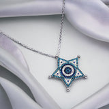 Blue Star Turquoise CZ 925 Sterling Silver Evil Eye Necklace Pendant Chain Women Minimalist Handmade Gift for Protection Positive Energy