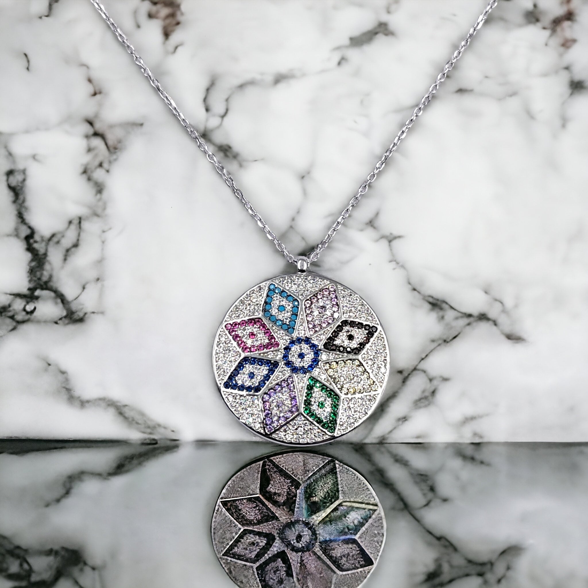 Mixed Color Cubic Zirconia Silver Floral Necklace Pendant Chain for Women Minimalist Handmade Protection Gift in 925 Sterling Silver