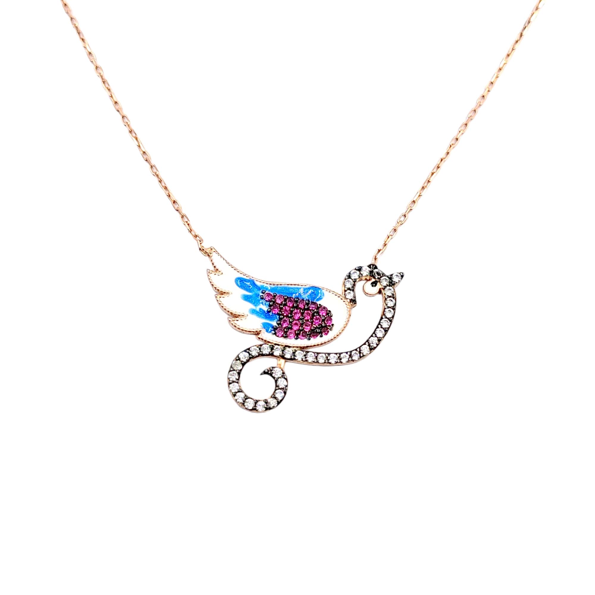 925 Sterling Silver Sparkling CZ Bird Saprrow Enamel Charm Rose Gold Plated Small Pendant Necklace Stylish Minimalist Handmade Gift