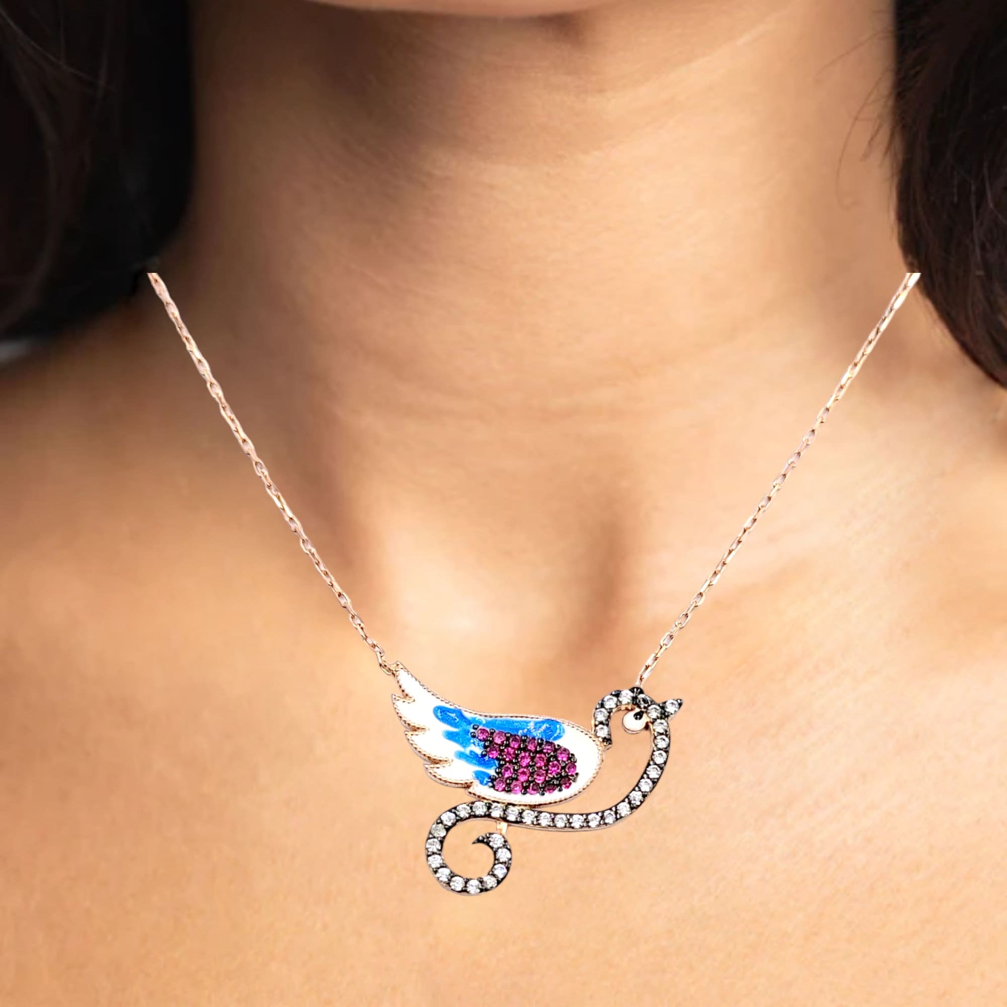 925 Sterling Silver Sparkling CZ Bird Saprrow Enamel Charm Rose Gold Plated Small Pendant Necklace Stylish Minimalist Handmade Gift