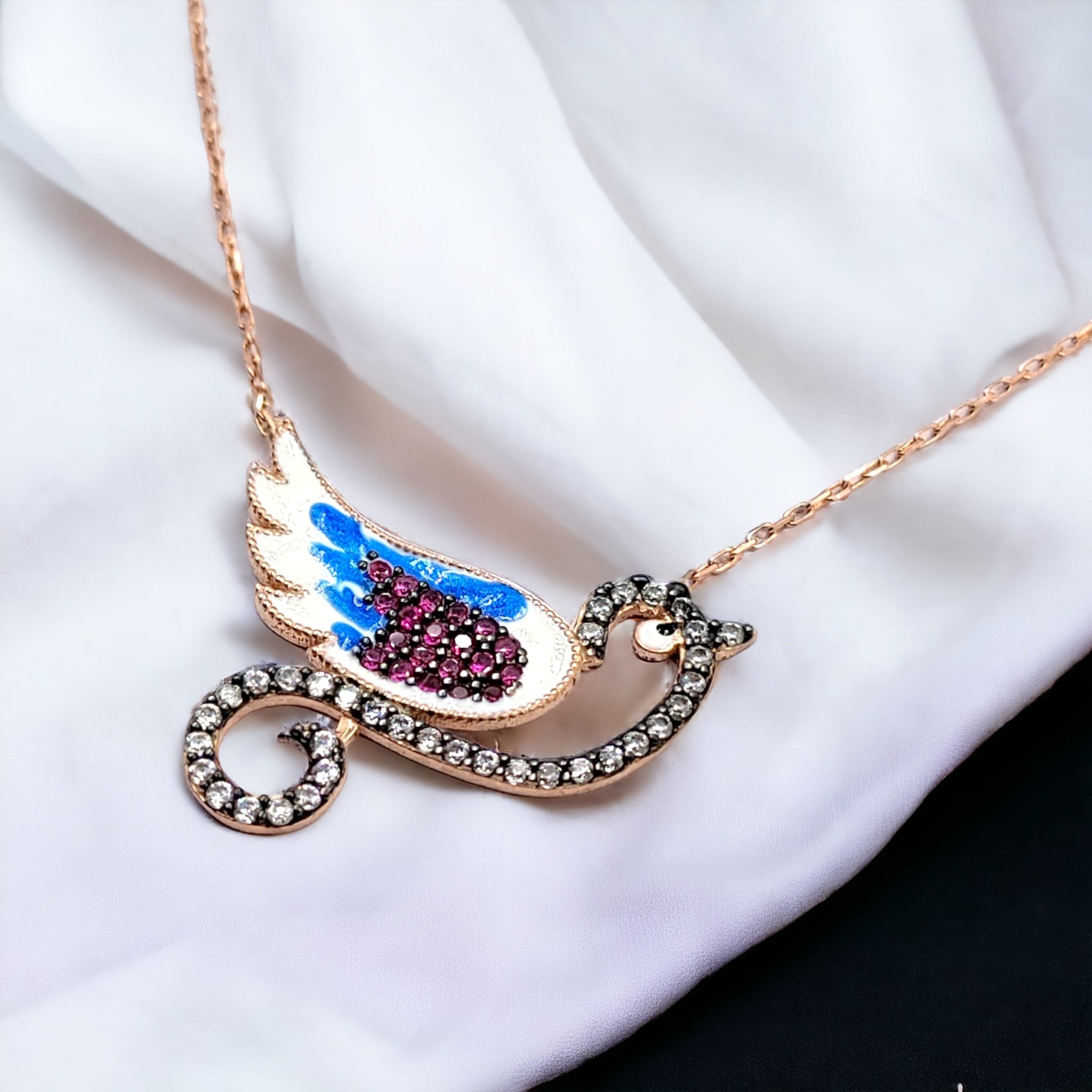 925 Sterling Silver Sparkling CZ Bird Saprrow Enamel Charm Rose Gold Plated Small Pendant Necklace Stylish Minimalist Handmade Gift