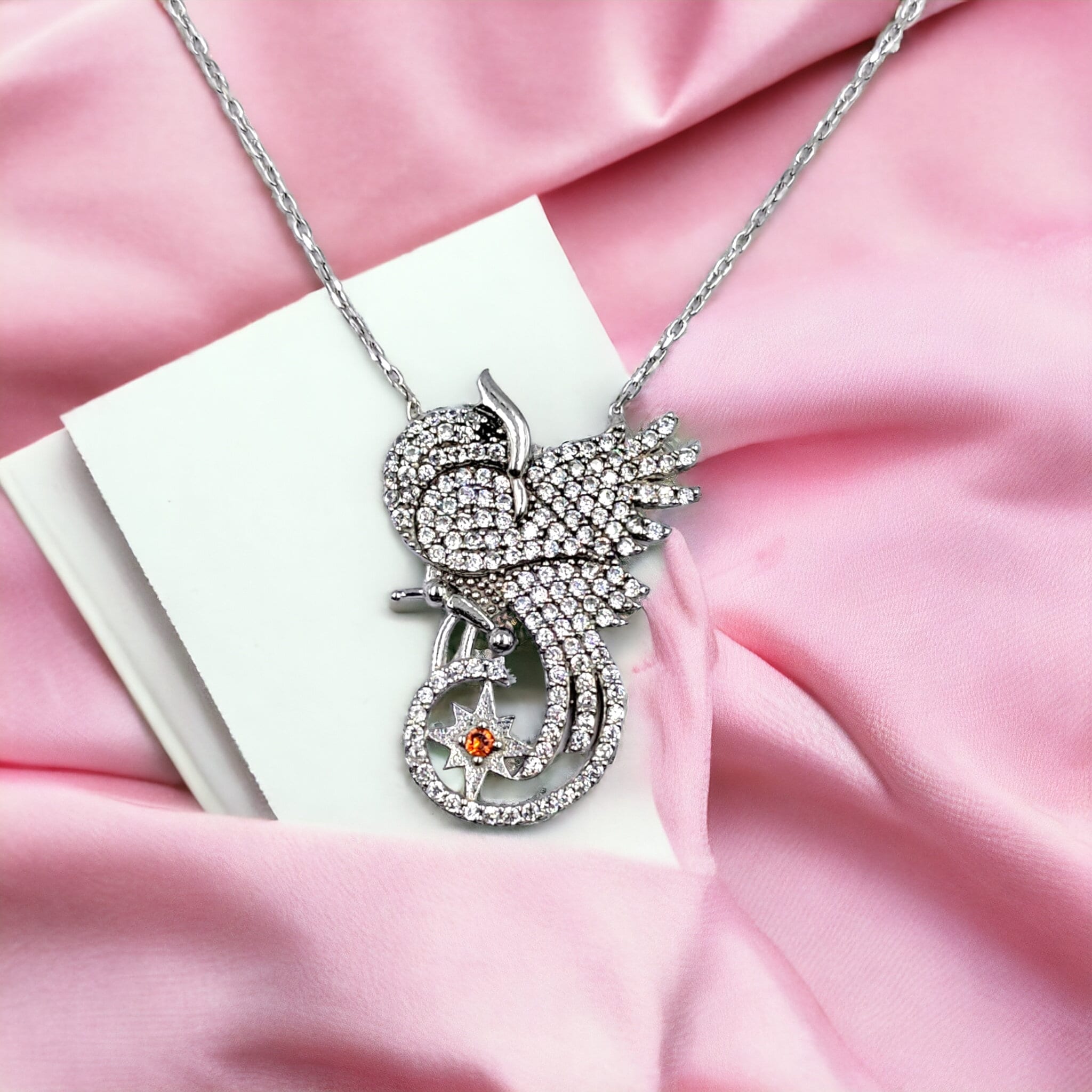 925 Sterling Silver Sparkling CZ Bird Saprrow Big Pendant Necklace Stylish Minimalist Handmade Gift for Wedding