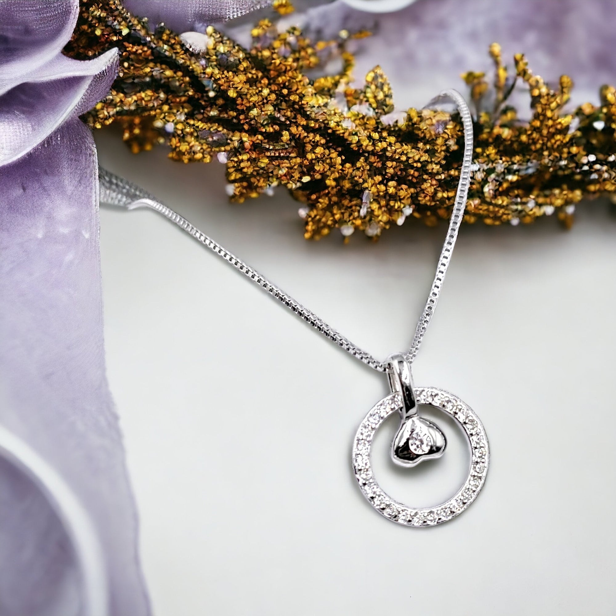 925 Sterling Silver Round CZ Charm with Solitaire Heart Pendant Unisex Necklace set Lovely Minimalist Handmade Gift