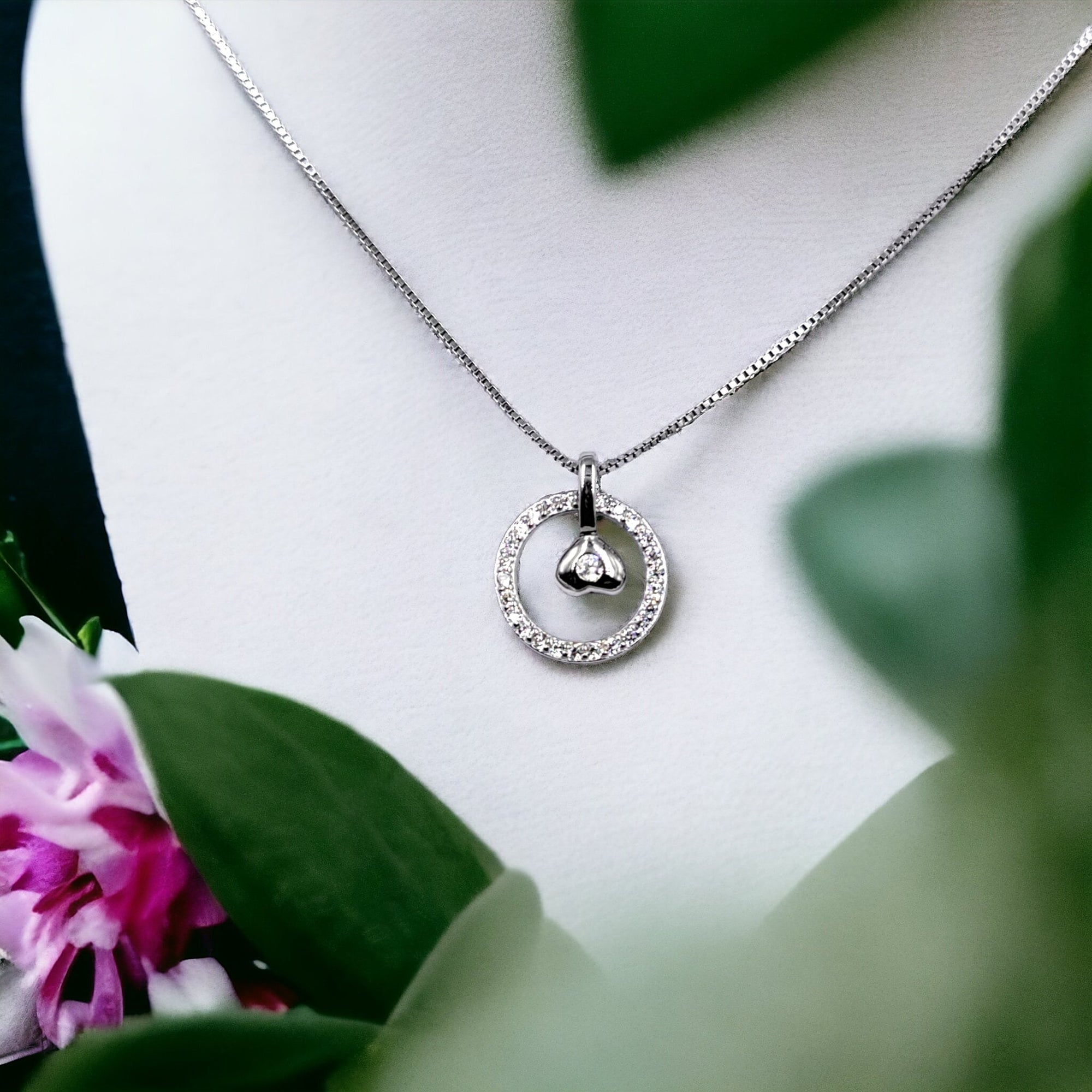 925 Sterling Silver Round CZ Charm with Solitaire Heart Pendant Unisex Necklace set Lovely Minimalist Handmade Gift