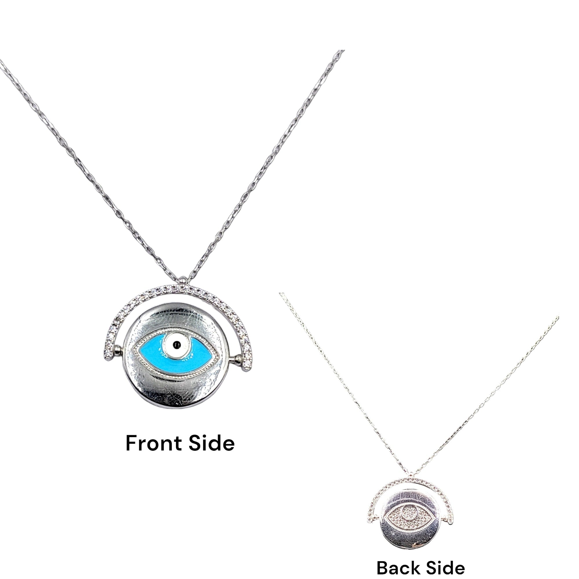 925 Sterling Silver Cubic Zirconia Rotatating Dual Side Wearable Evil Eye Pendant Chain for Women Minimalist Handmade Protective Gift