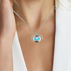 925 Sterling Silver Cubic Zirconia Rotatating Dual Side Wearable Evil Eye Pendant Chain for Women Minimalist Handmade Protective Gift