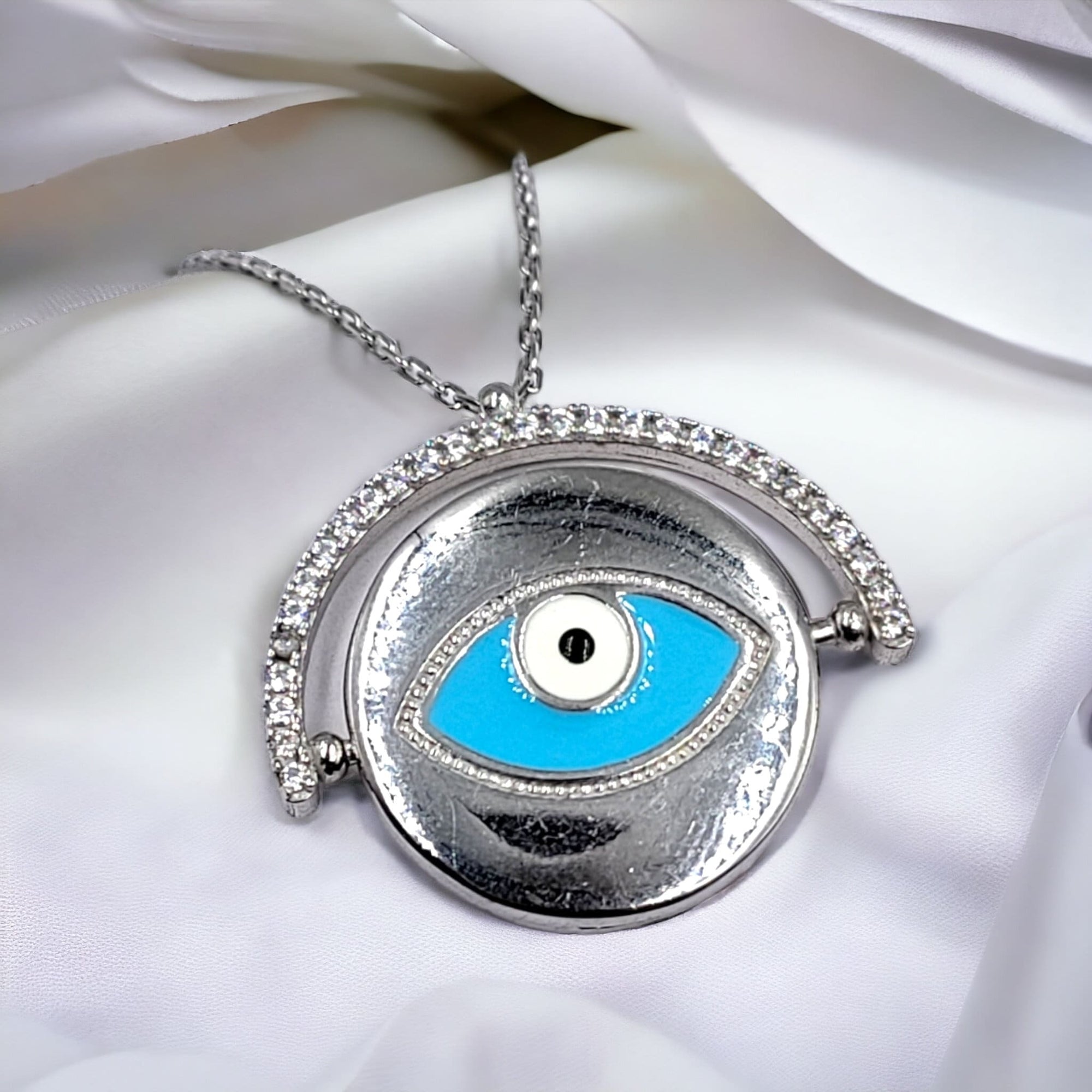 925 Sterling Silver Cubic Zirconia Rotatating Dual Side Wearable Evil Eye Pendant Chain for Women Minimalist Handmade Protective Gift