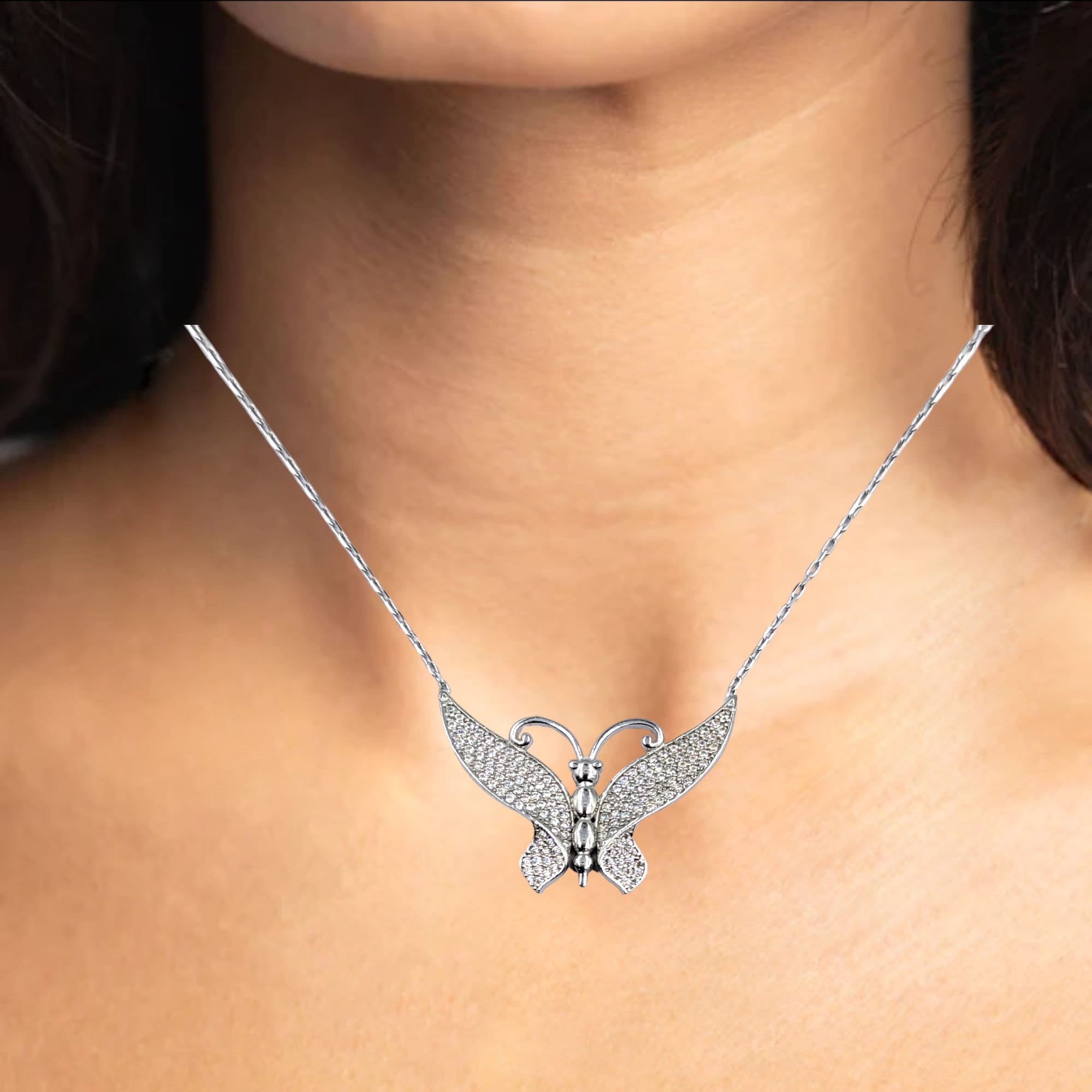 925 Sterling Silver Sparkling White Cubic Zirconia Large  Butterfly Pendant Amazing Necklace Stylish Minimalist Handmade Gift