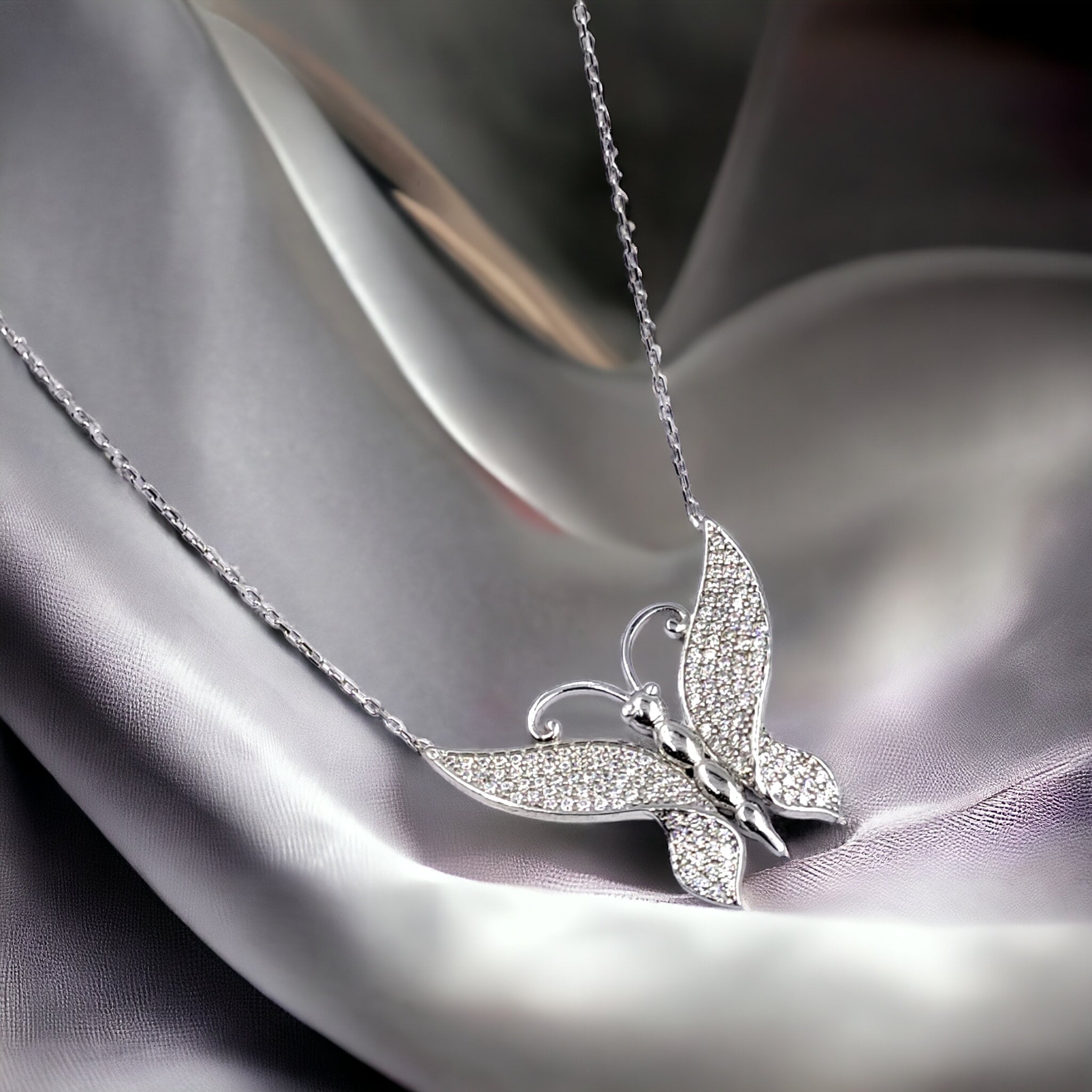 925 Sterling Silver Sparkling White Cubic Zirconia Large  Butterfly Pendant Amazing Necklace Stylish Minimalist Handmade Gift