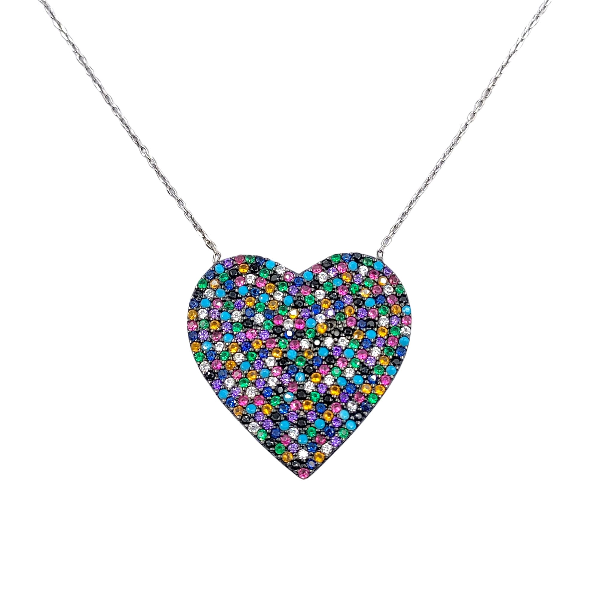 Multicolor Cubic Zirconia Big Classic Heart Pendant Chain Unisex 925 Sterling Silver Minimalist Handmade Gift for lover,Girlfriend,Wife