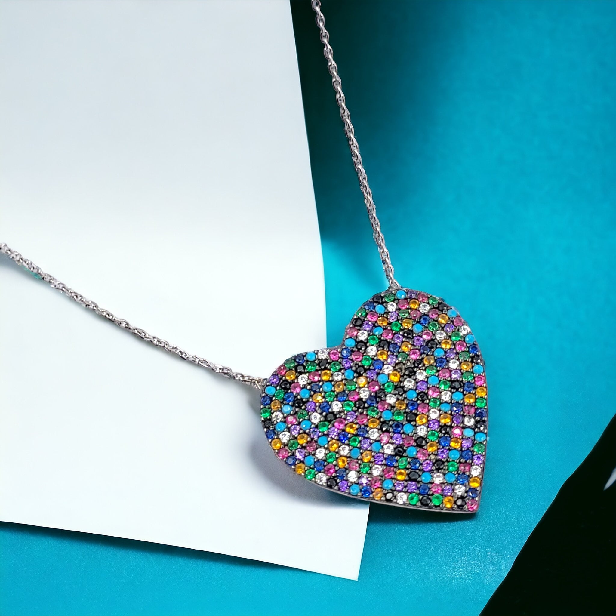 Multicolor Cubic Zirconia Big Classic Heart Pendant Chain Unisex 925 Sterling Silver Minimalist Handmade Gift for lover,Girlfriend,Wife