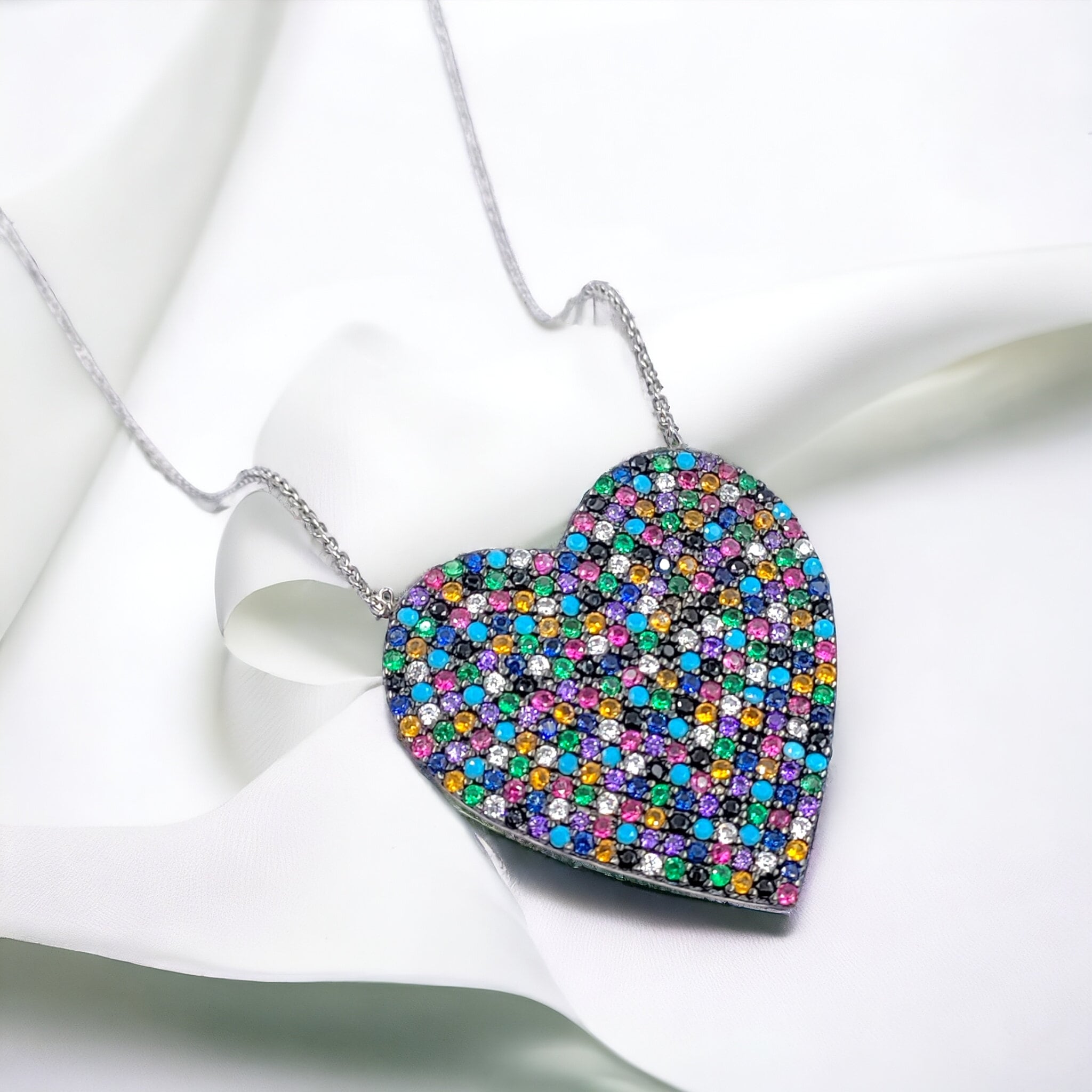 Multicolor Cubic Zirconia Big Classic Heart Pendant Chain Unisex 925 Sterling Silver Minimalist Handmade Gift for lover,Girlfriend,Wife