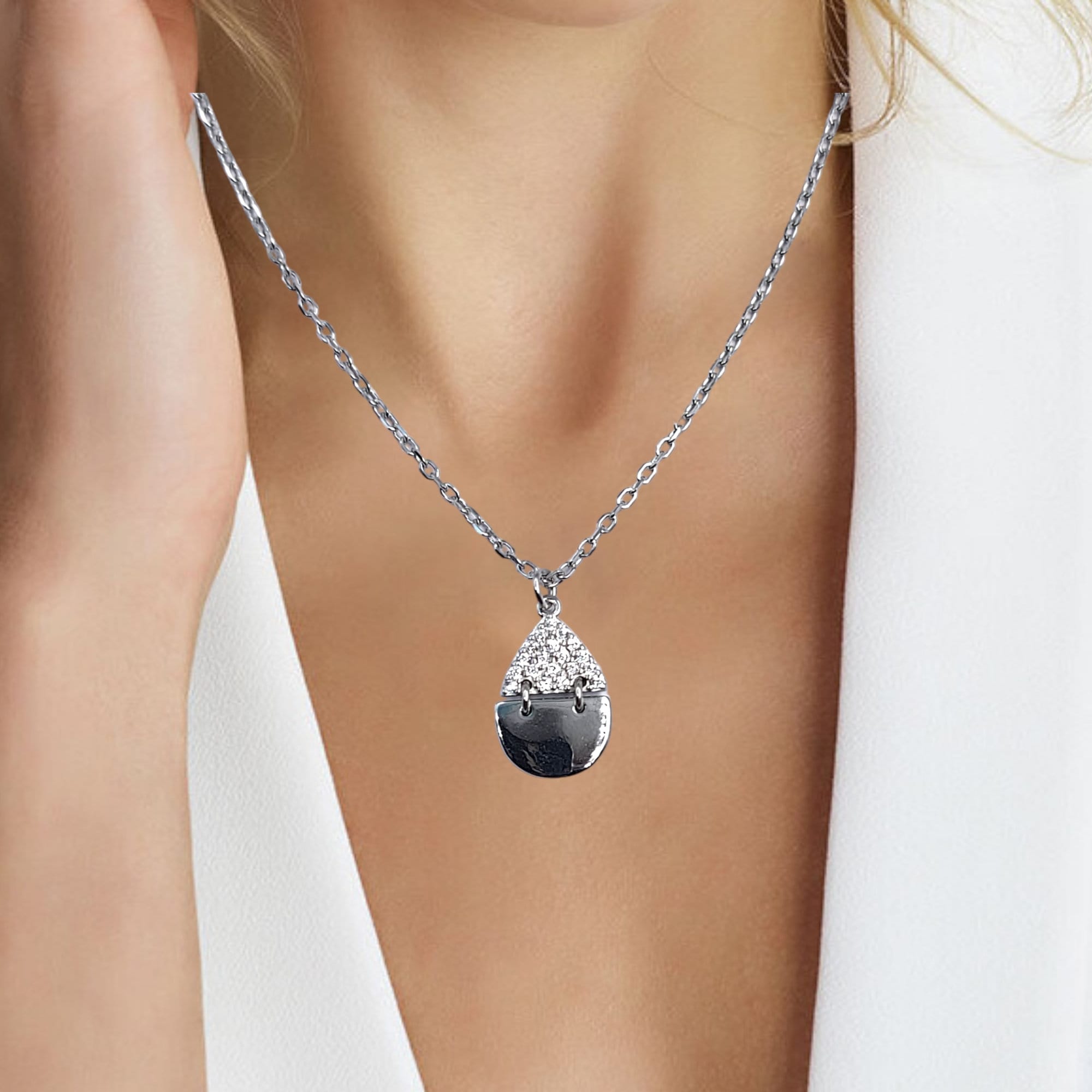 925 Sterling Silver Pear Shape Pendant Half CZ Necklace set Lovely Minimalist Handmade Gift for lover,Girlfriend,Wife