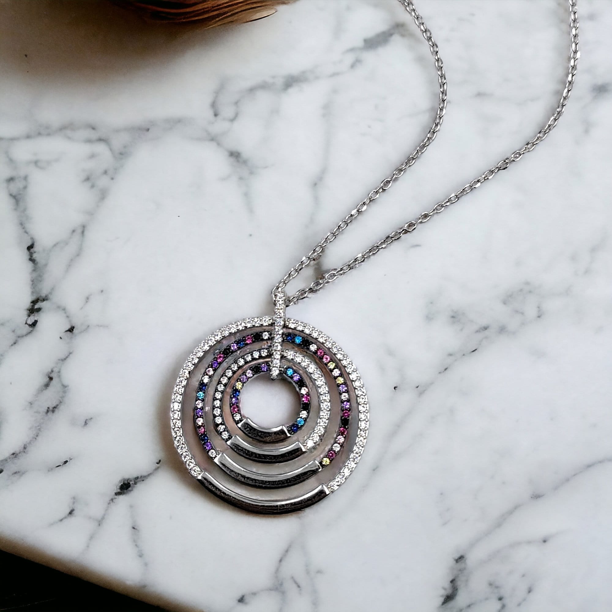 925 Sterling Silver Multi color Cubic Zirconia in Multi circles Pendant Beautiful Necklace set Minimalist Handmade Gift for her