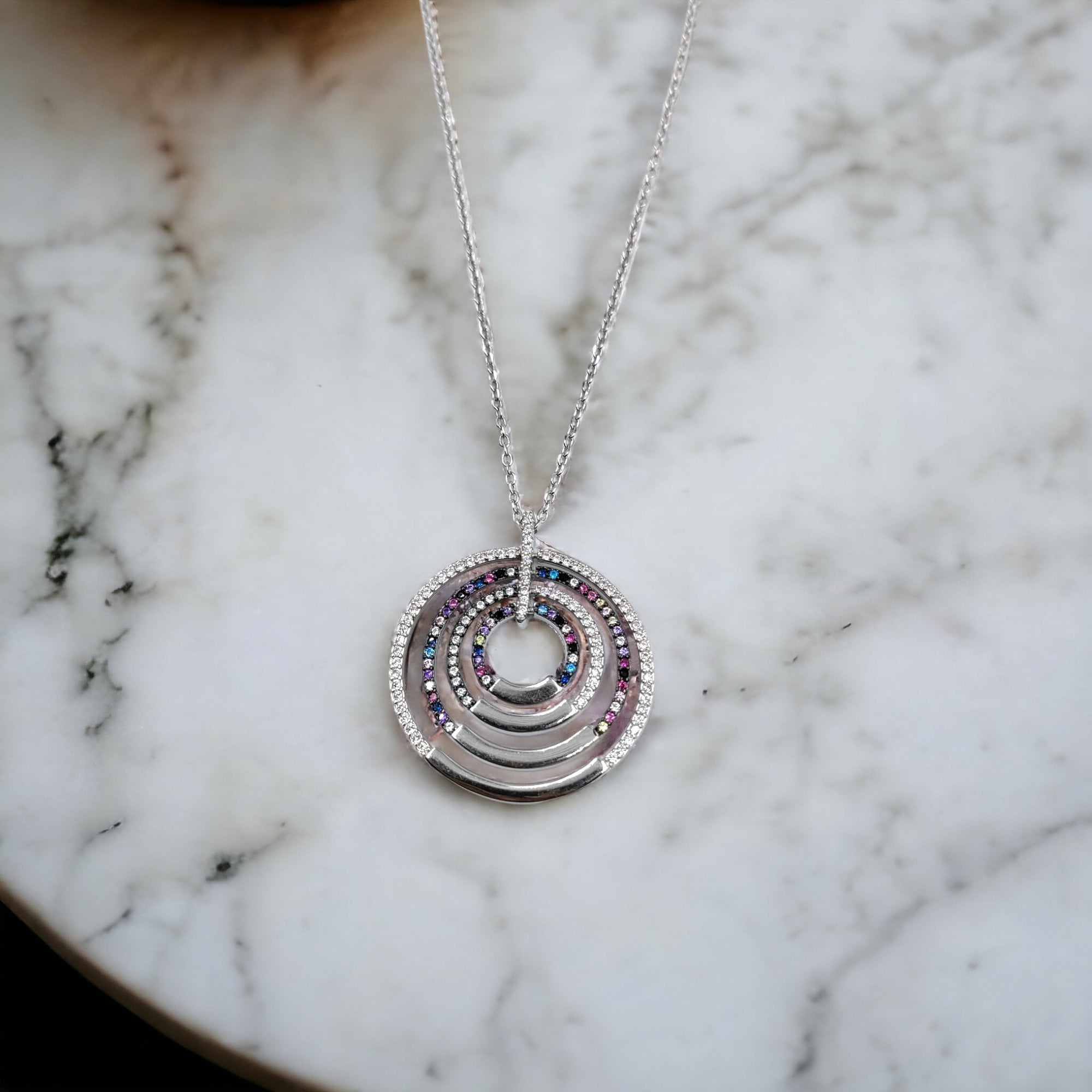 925 Sterling Silver Multi color Cubic Zirconia in Multi circles Pendant Beautiful Necklace set Minimalist Handmade Gift for her