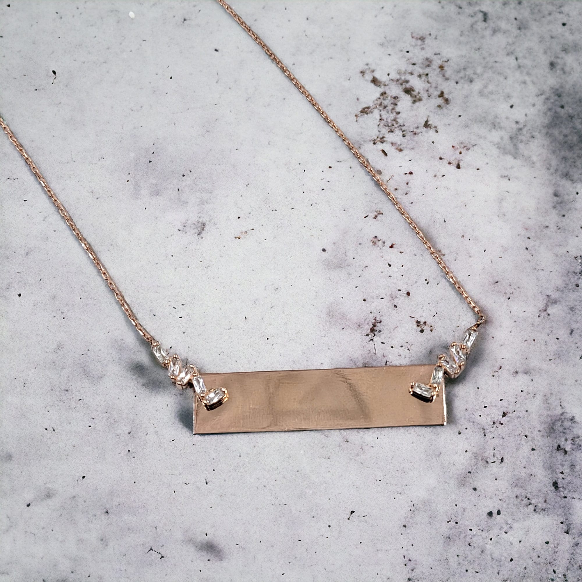 925 Sterling Silver Rectangular Rose Gold Plated Bar Penadant with CZ Zigzag Pattern Pendant Beautiful Necklace set Minimalist Handmade Gift