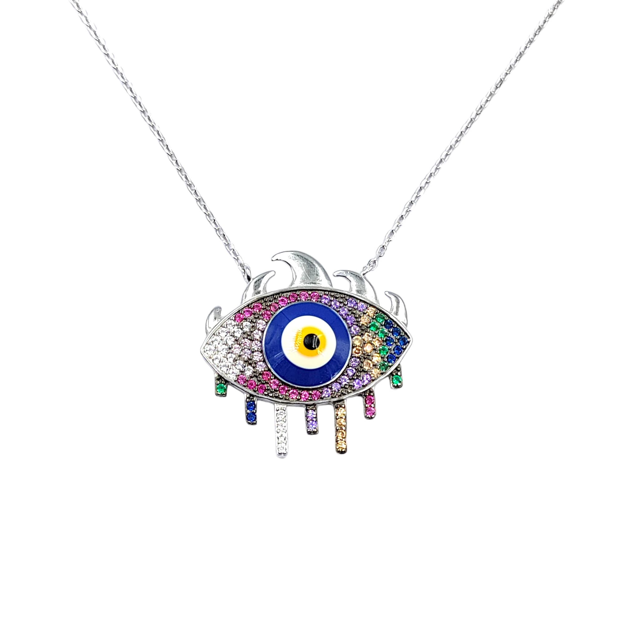Stylish Unique Round Big Blue Silver Evil Eye Necklace Mulicolor CZ Pendant Chain for Women Minimalist Handmade Gift for Good Luck